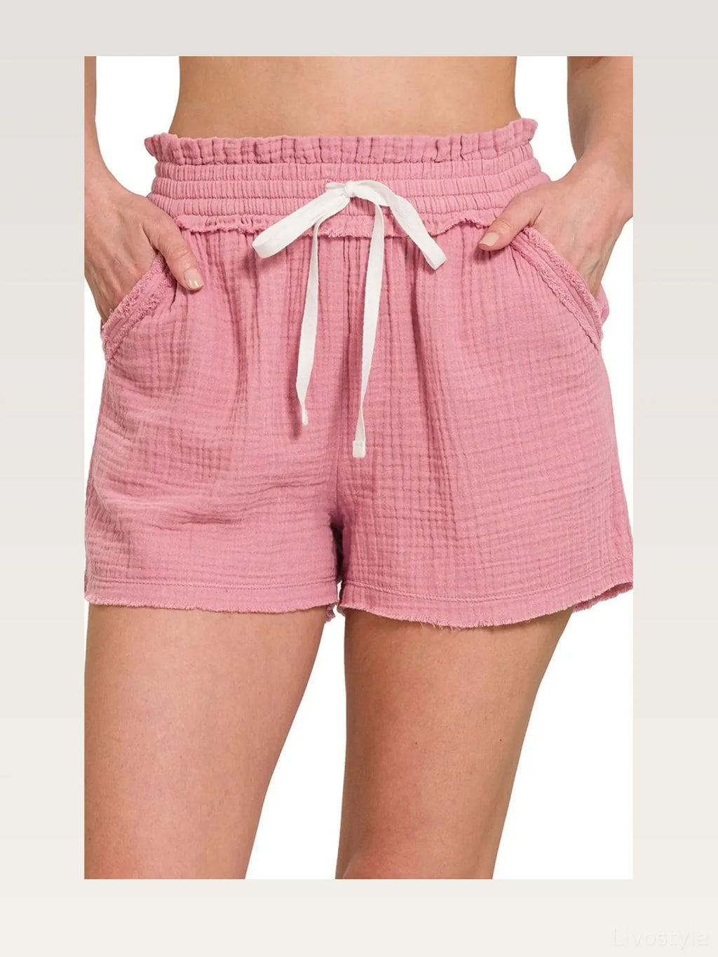 Double Gauze Drawstring Waist Shorts with Raw Hem