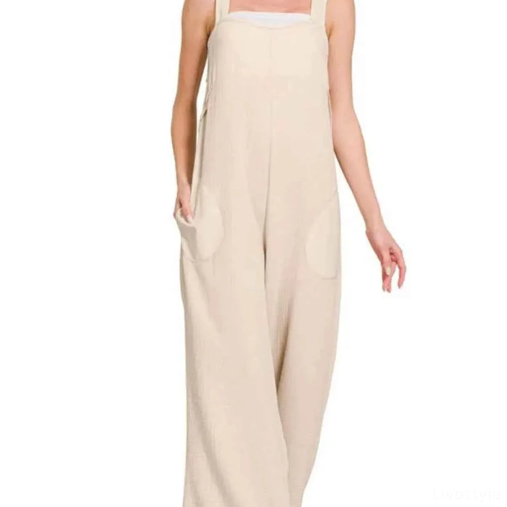 Double Gauze Washed Wide Leg Overalls with Pockets