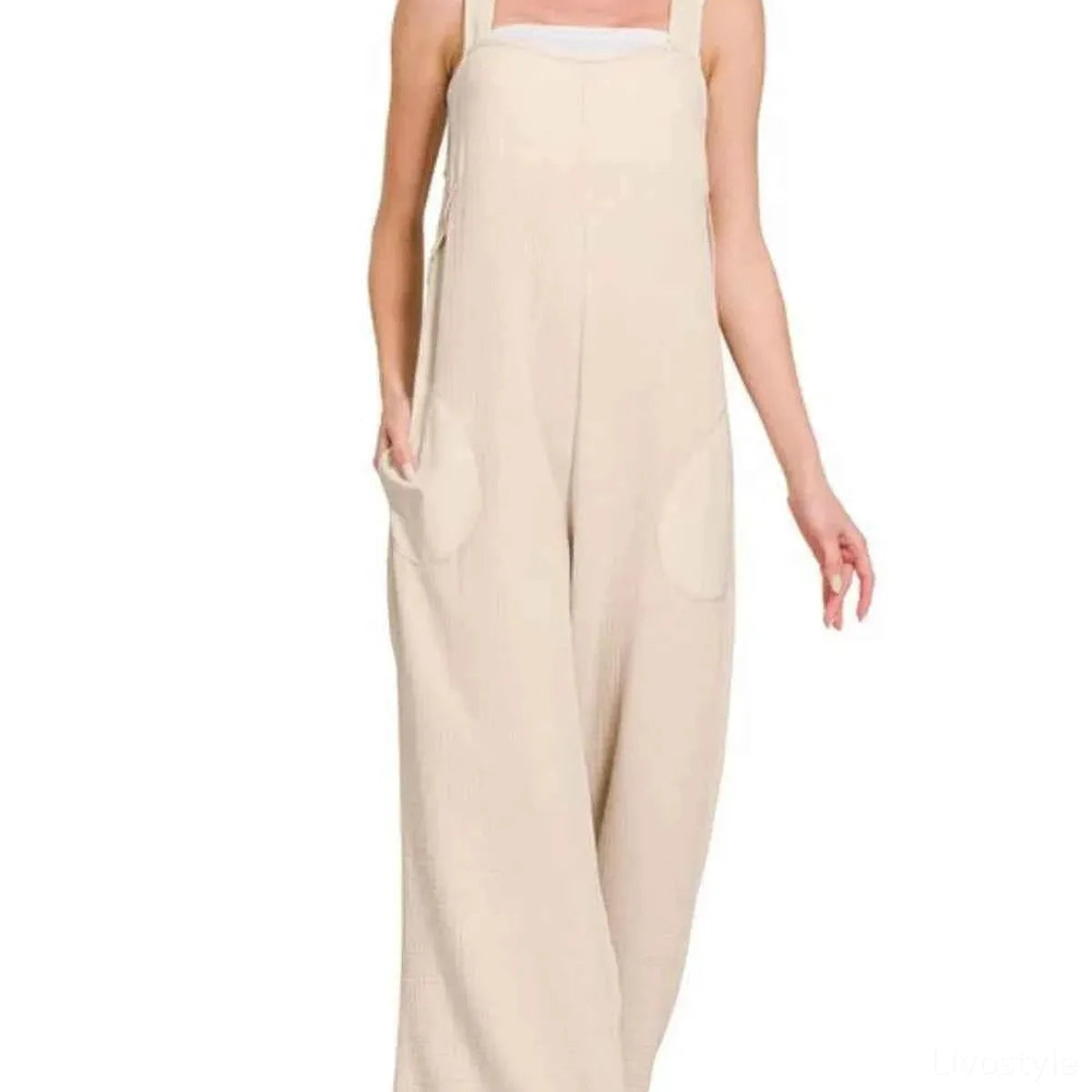 Double Gauze Washed Wide Leg Overalls with Pockets