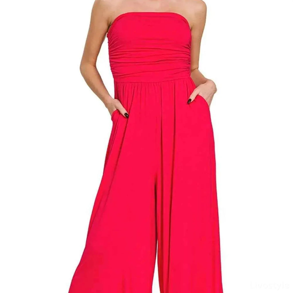 Double Layered Strapless Wide Leg Jumpsuit with Pockets