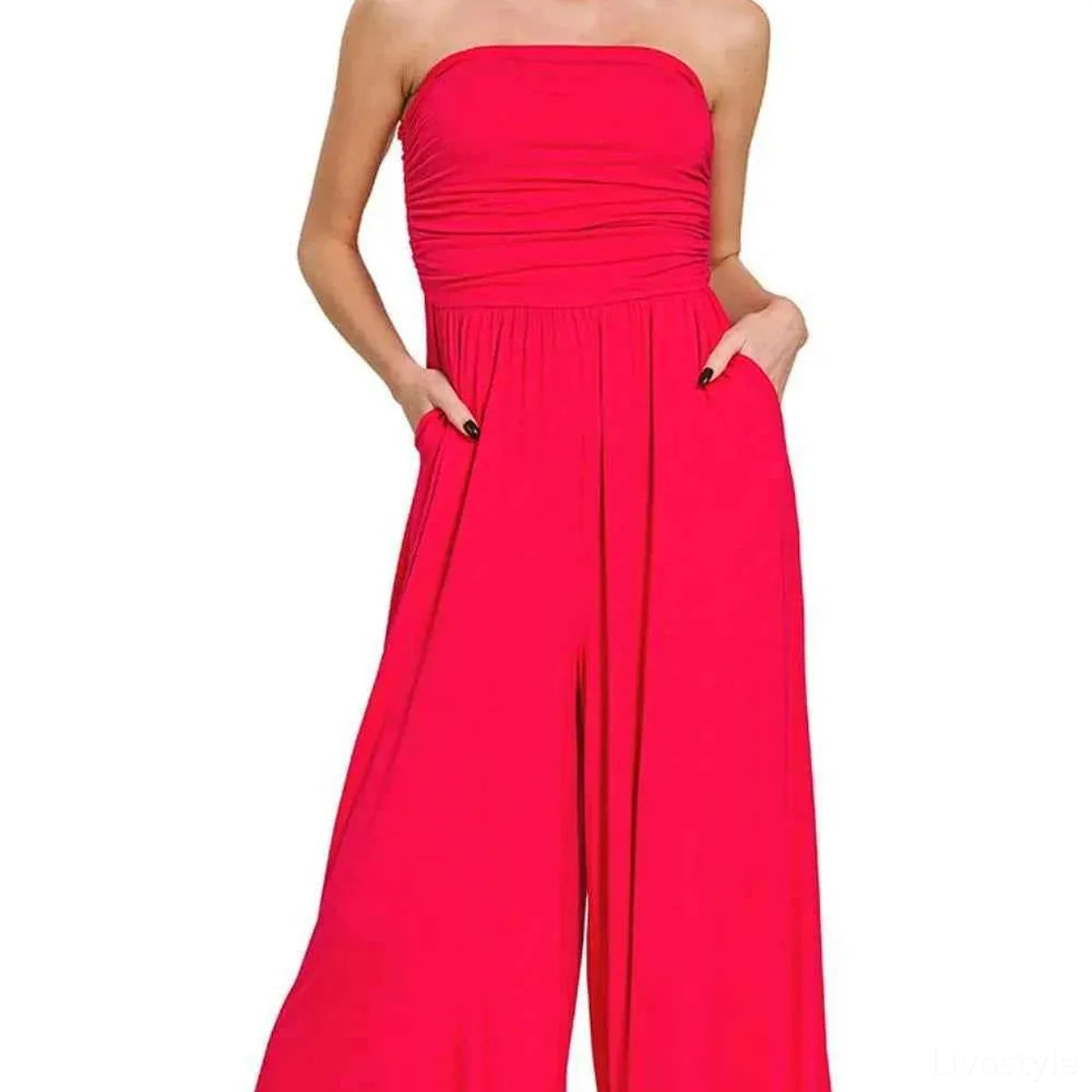 Double Layered Strapless Wide Leg Jumpsuit with Pockets