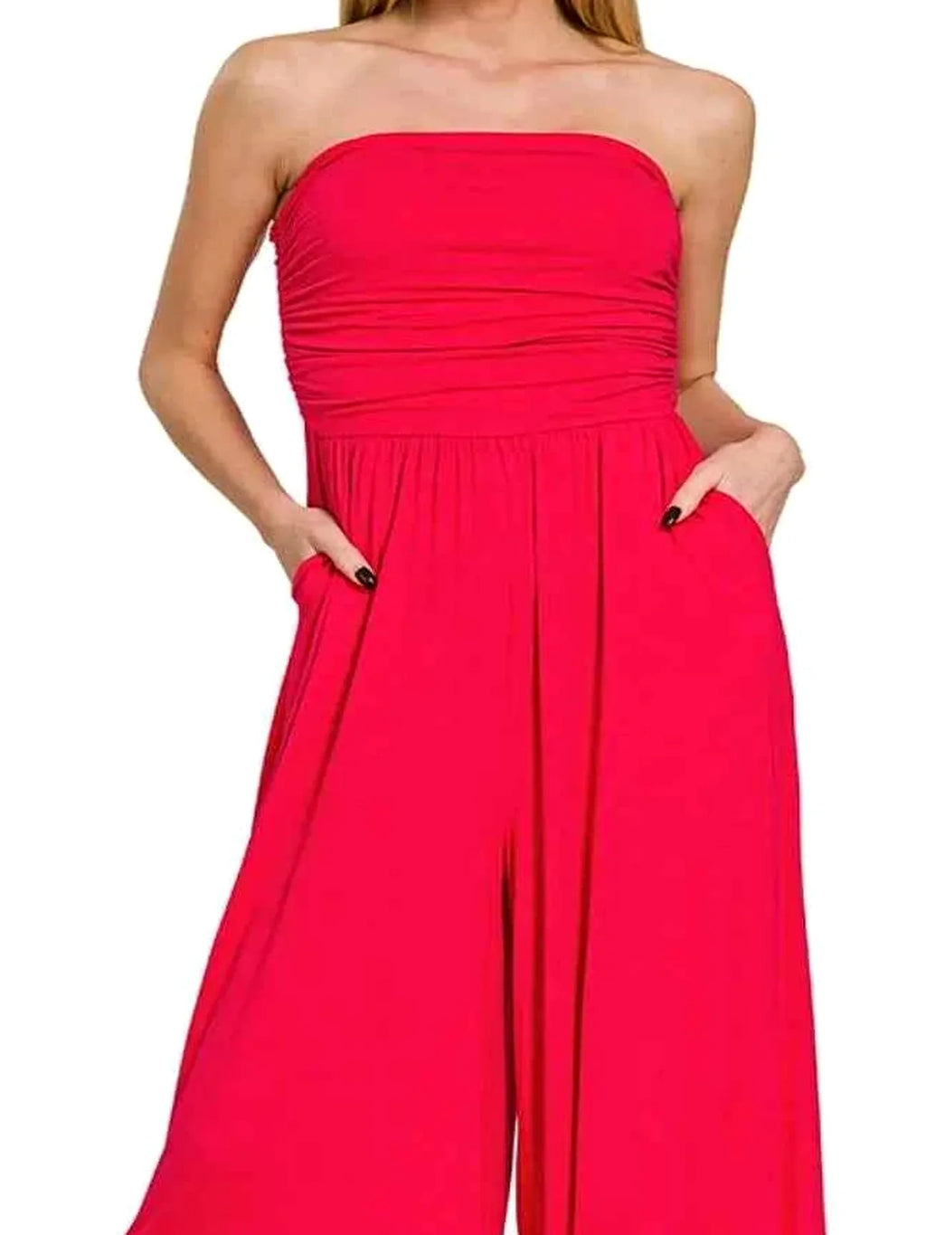 Double Layered Strapless Wide Leg Jumpsuit with Pockets