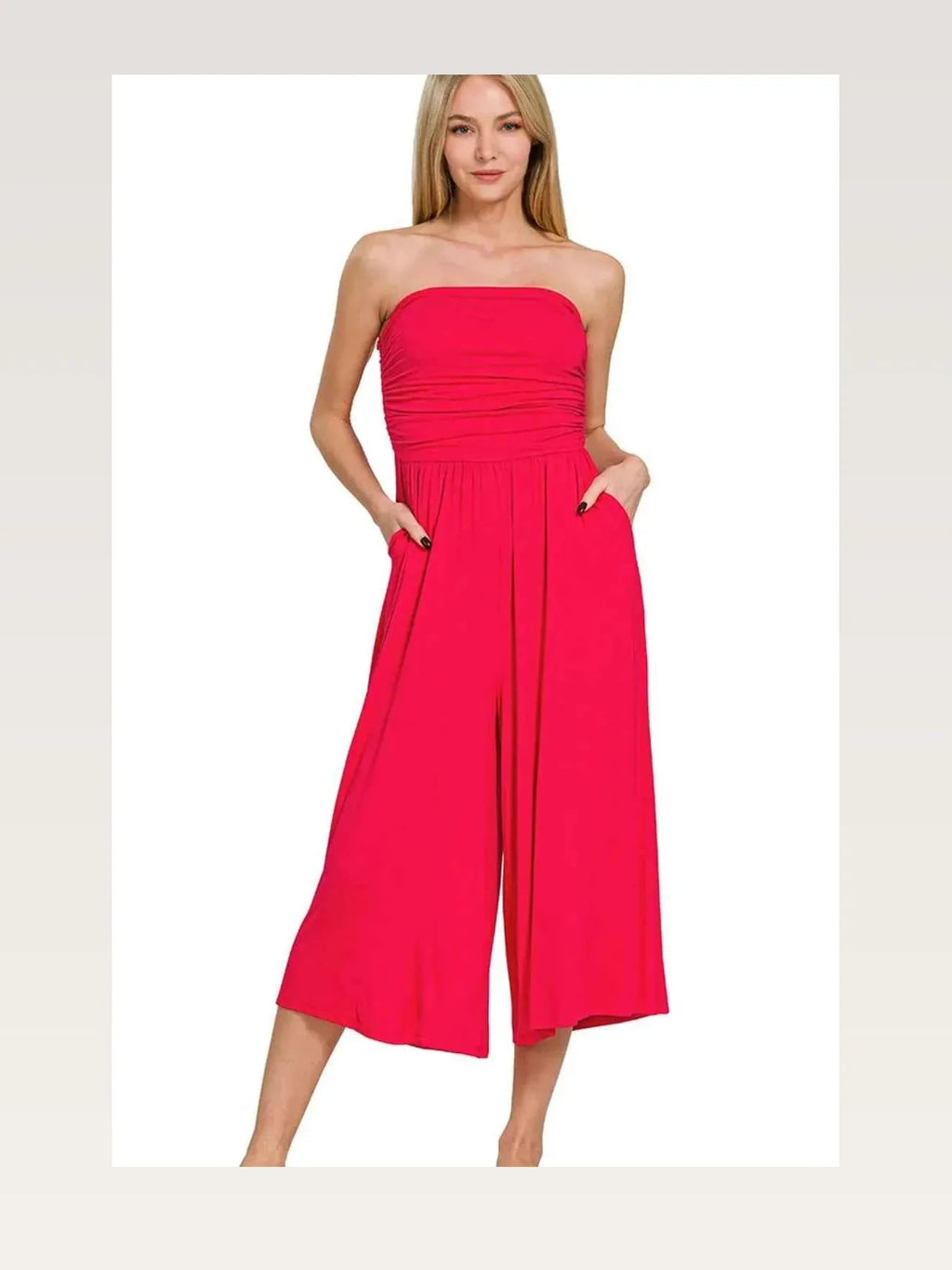 Double Layered Strapless Wide Leg Jumpsuit with Pockets