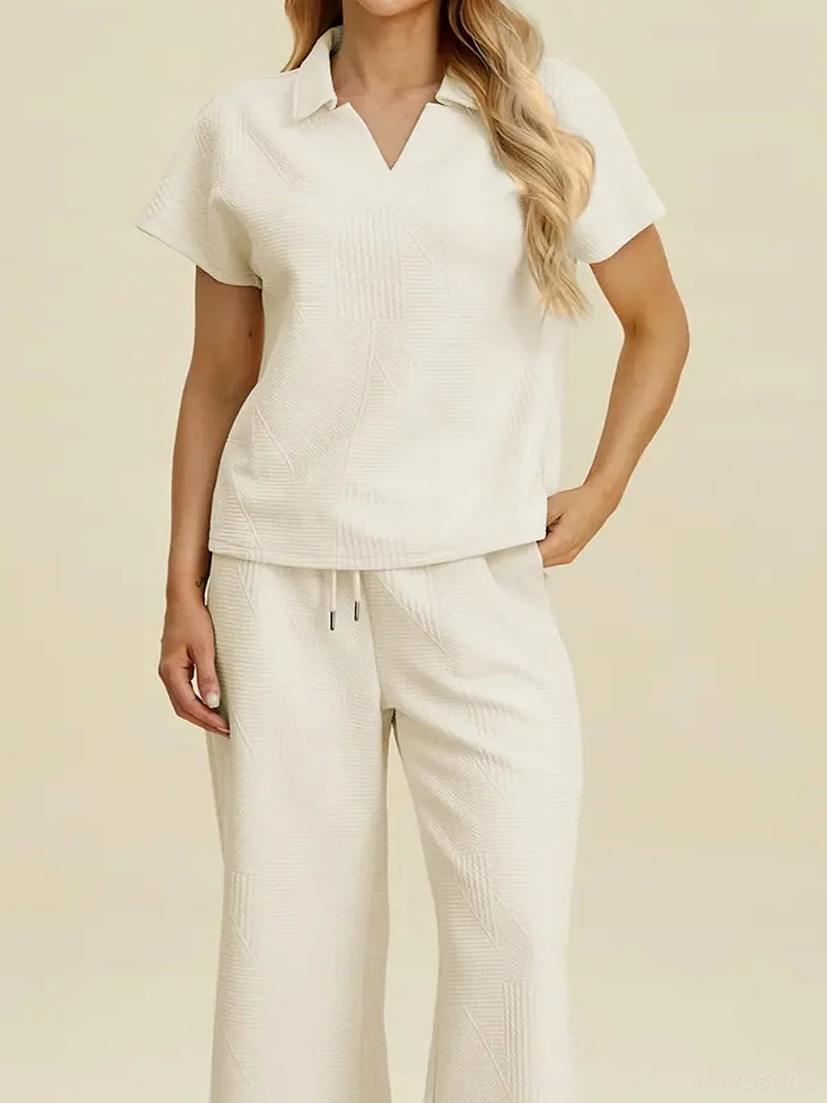 Collared Neck Short Sleeve Top and Pants Set