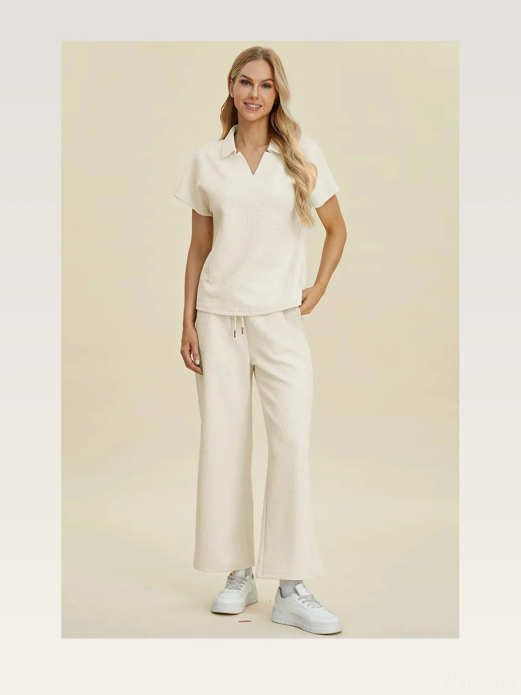 Collared Neck Short Sleeve Top and Pants Set