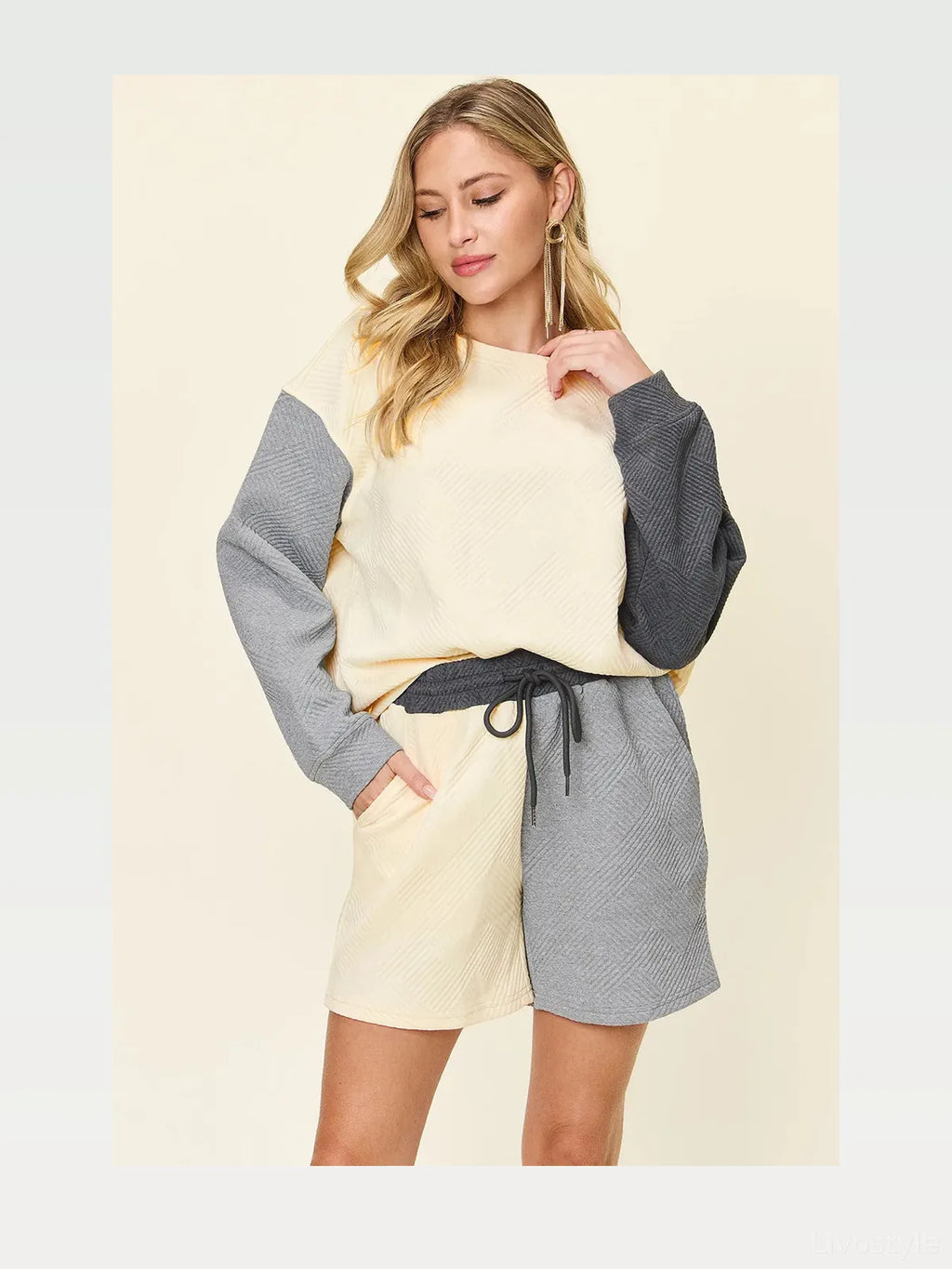 Contrast Drop Shoulder Top and Drawstring Shorts Set
