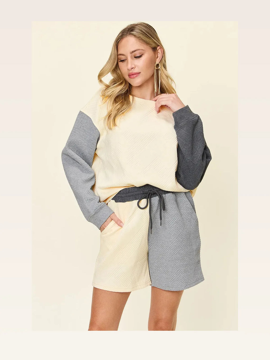 Contrast Drop Shoulder Top and Drawstring Shorts Set