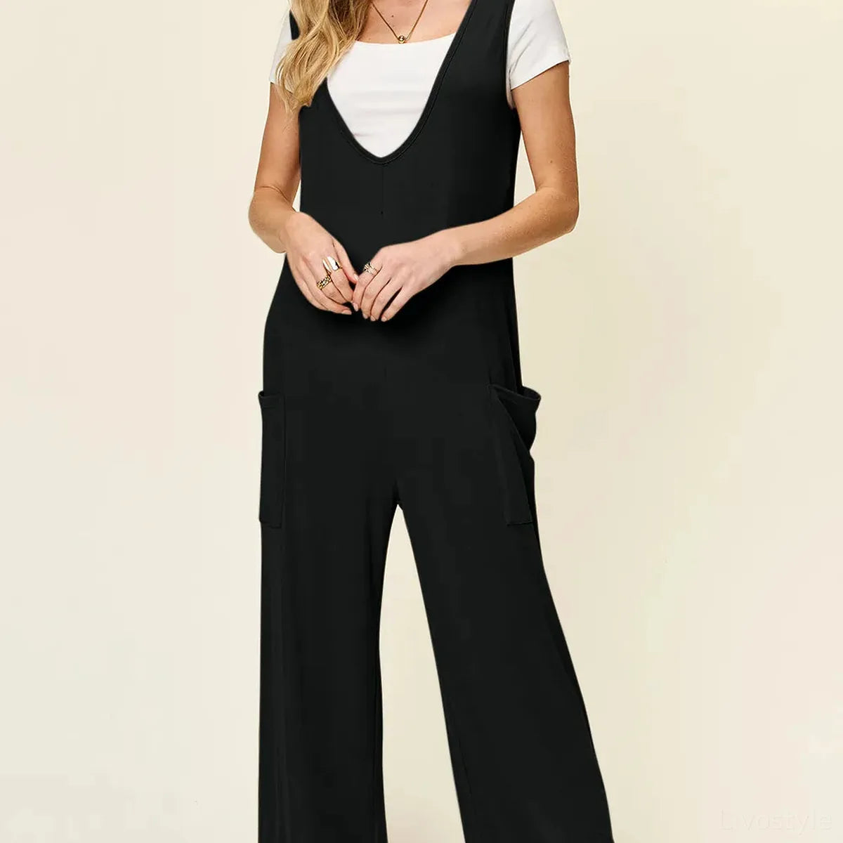 Sleeveless Wide Leg Jumpsuit with Patch Pockets