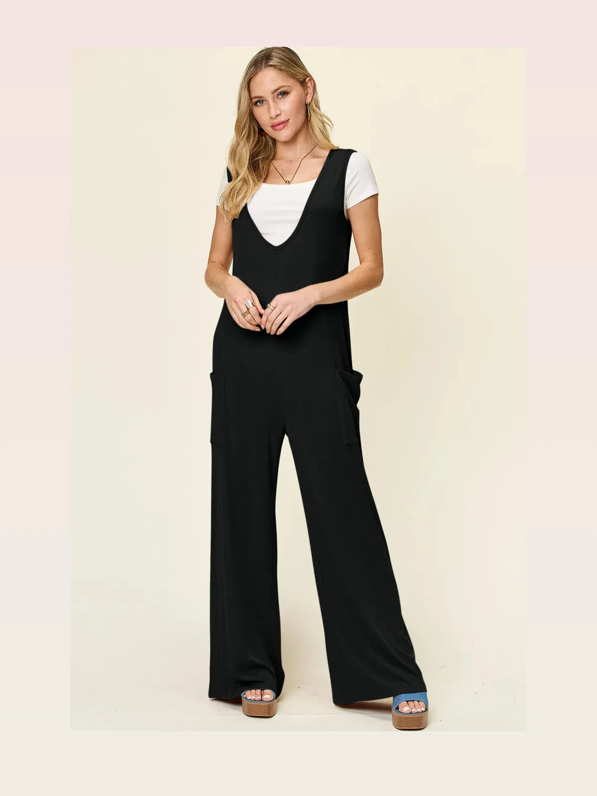 Sleeveless Wide Leg Jumpsuit with Patch Pockets