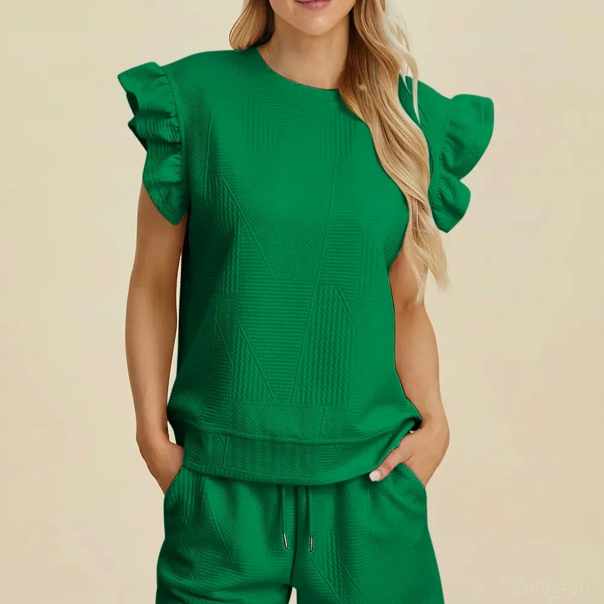 Texture Round Neck Ruffle Sleeve Top and Shorts Set