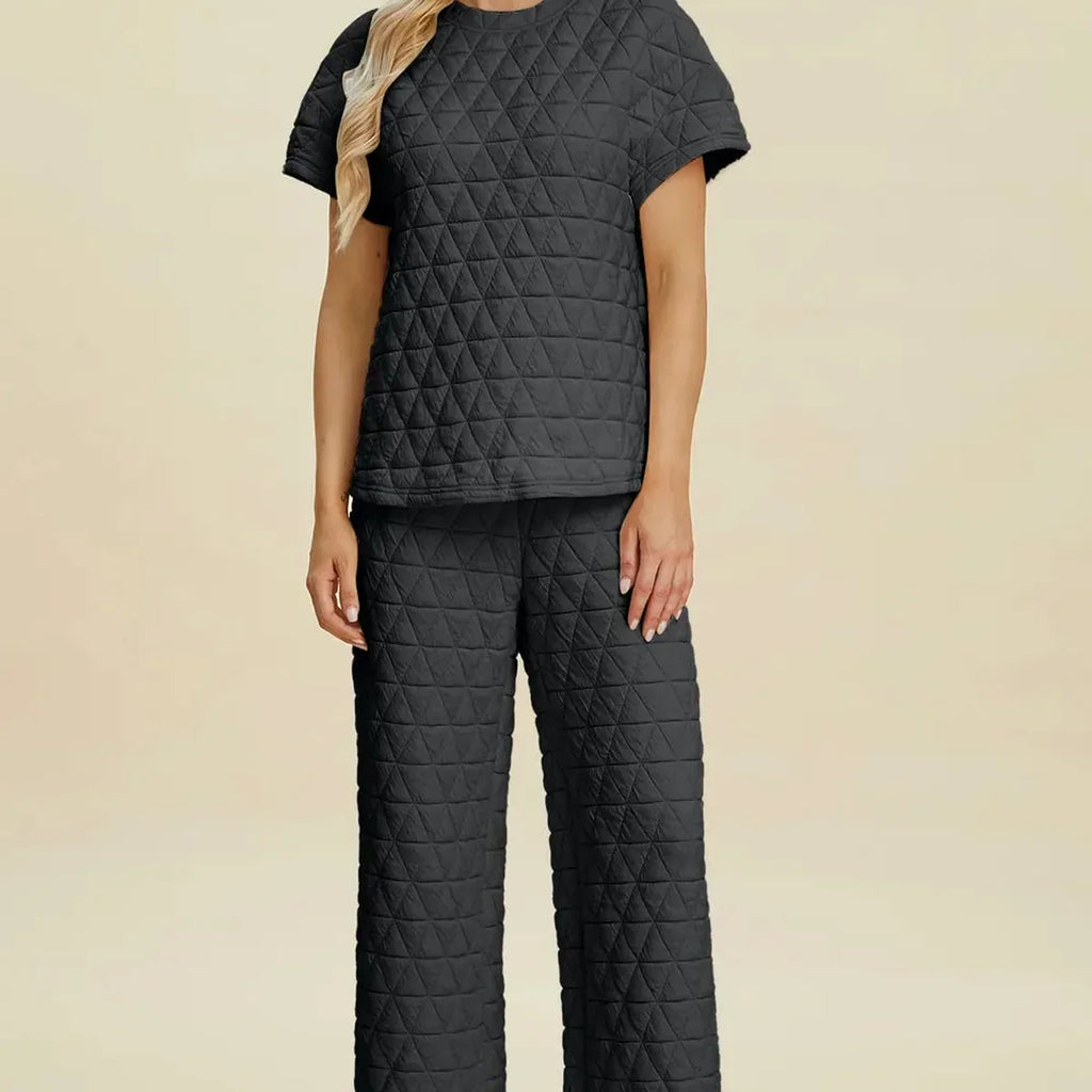 Texture Round Neck Short Sleeve Top and Pants Set