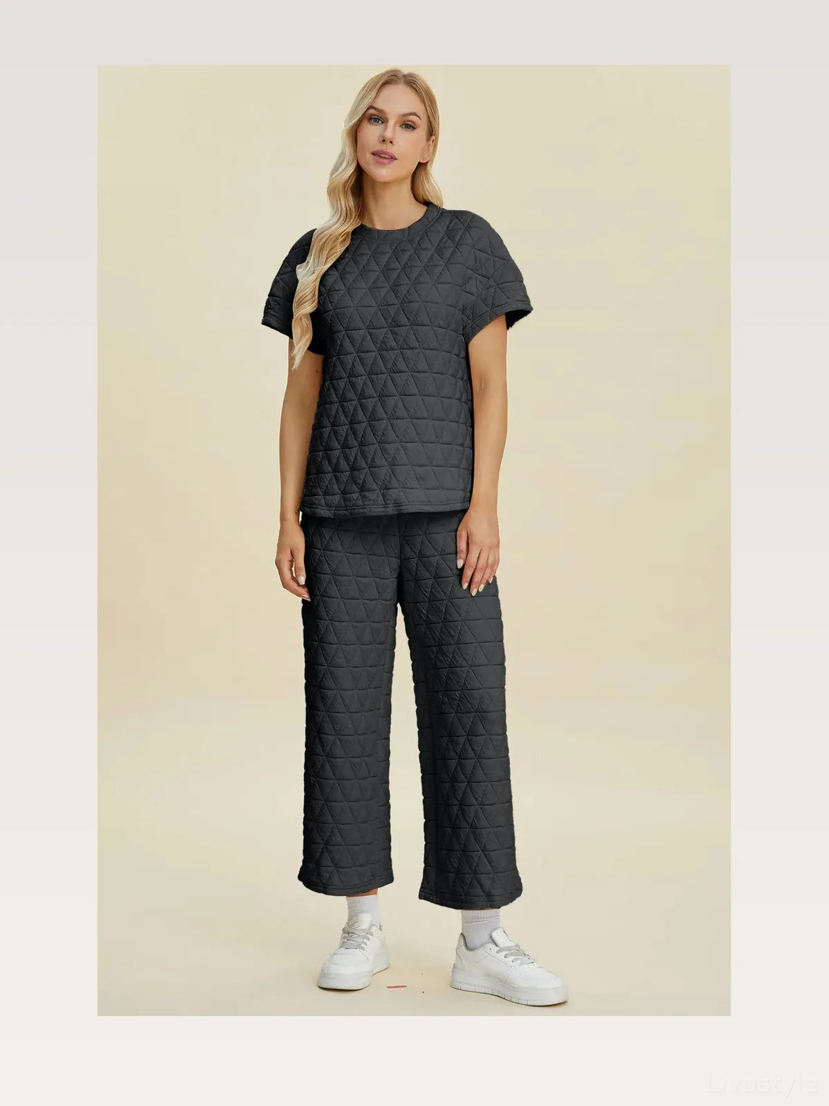 Texture Round Neck Short Sleeve Top and Pants Set
