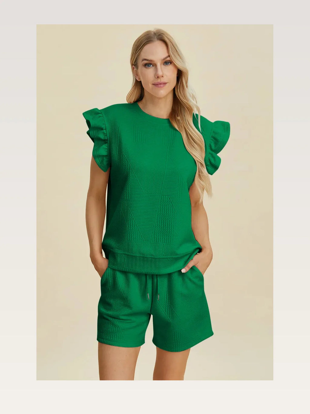 Texture Round Neck Ruffle Sleeve Top and Shorts Set