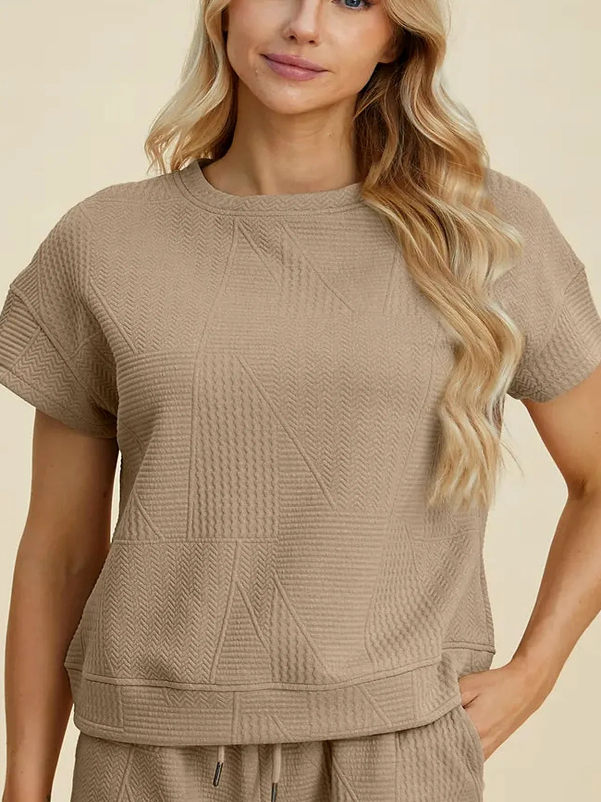 Textured Short Sleeve Top and Drawstring Shorts Set