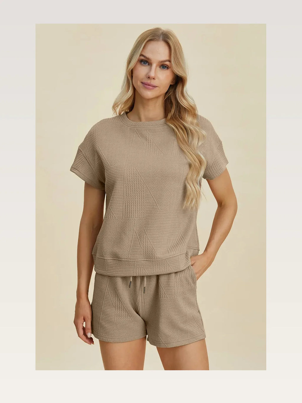 Textured Short Sleeve Top and Drawstring Shorts Set