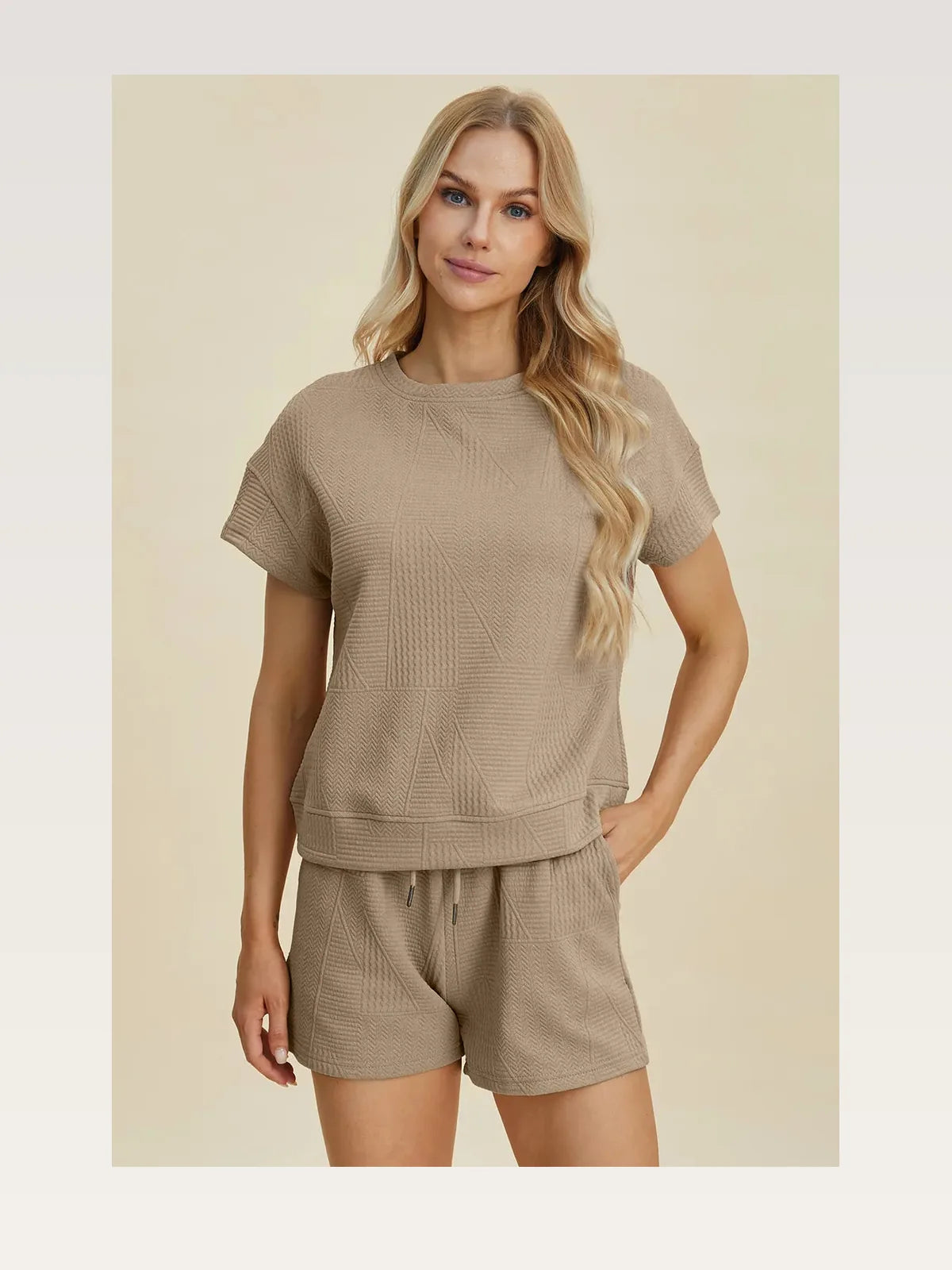 Textured Short Sleeve Top and Drawstring Shorts Set