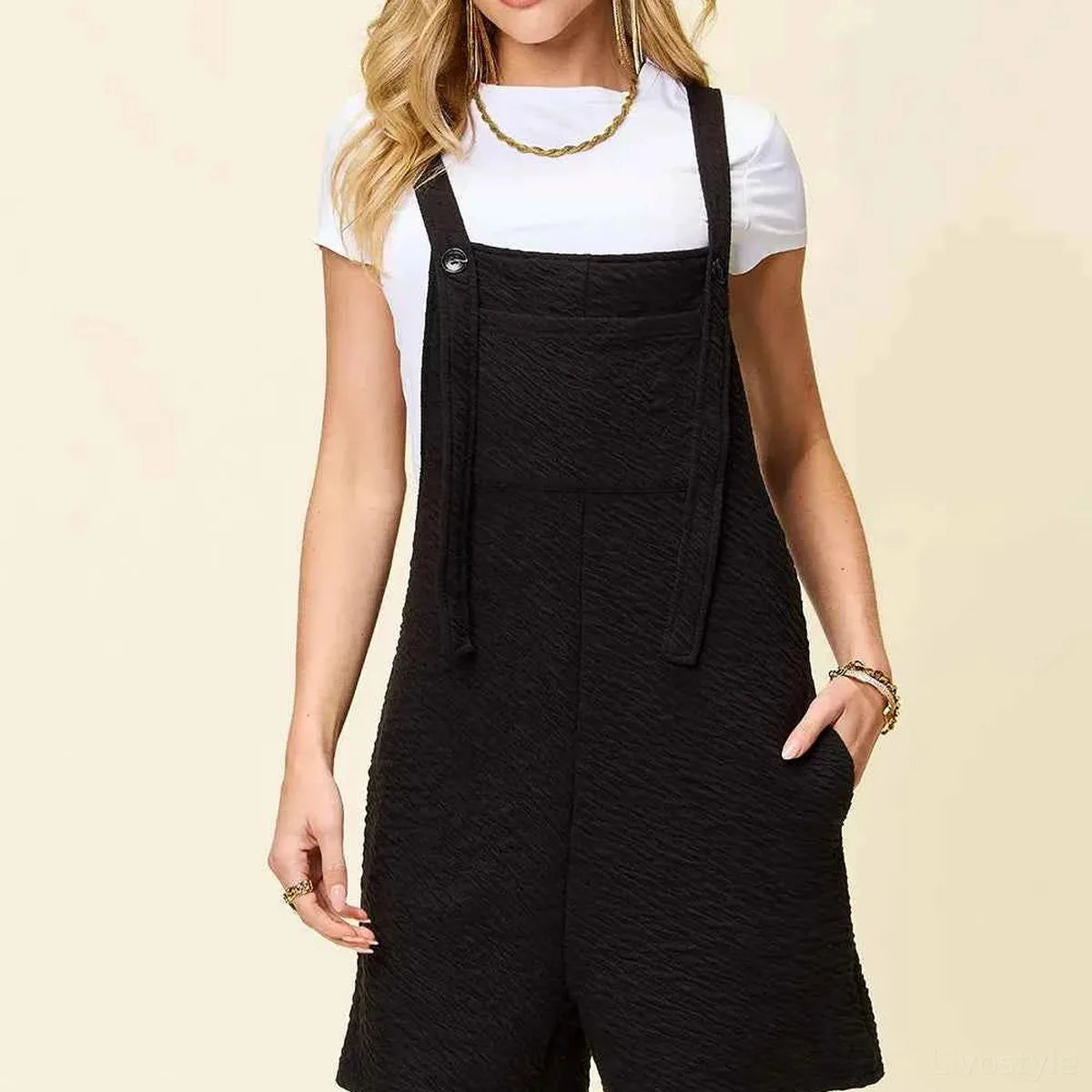 Textured Square Neck Sleeveless Romper with Pockets