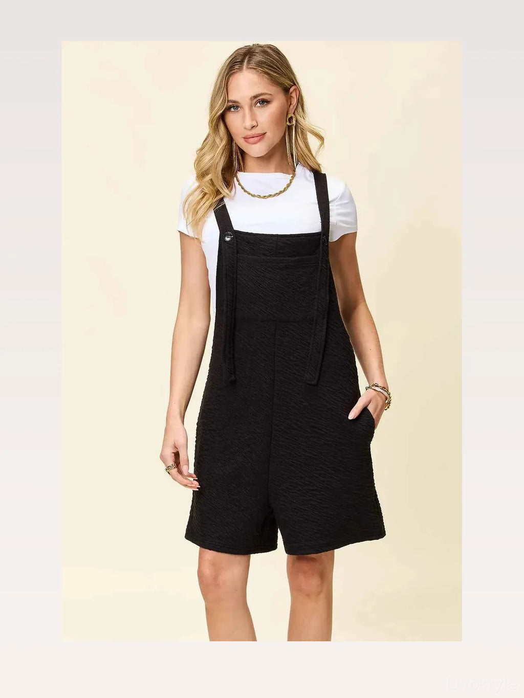 Textured Square Neck Sleeveless Romper with Pockets