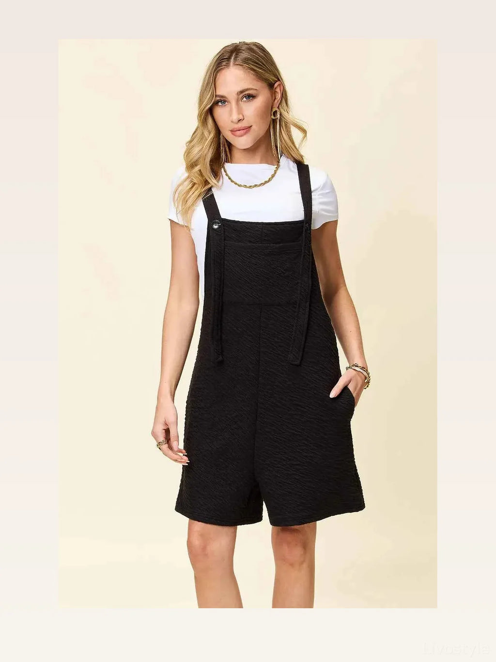 Textured Square Neck Sleeveless Romper with Pockets