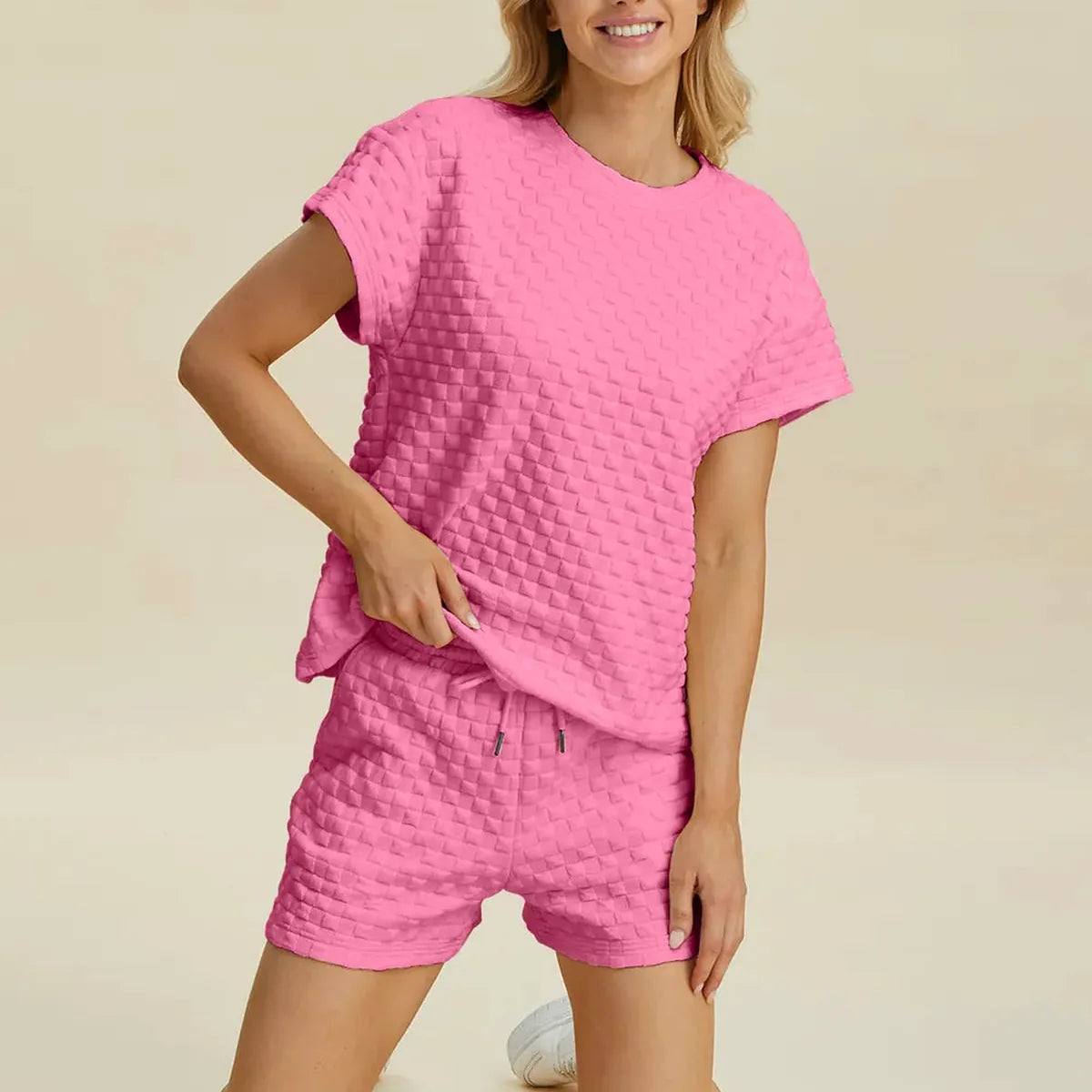 Textured Round Neck T-Shirt and Drawstring Shorts Set