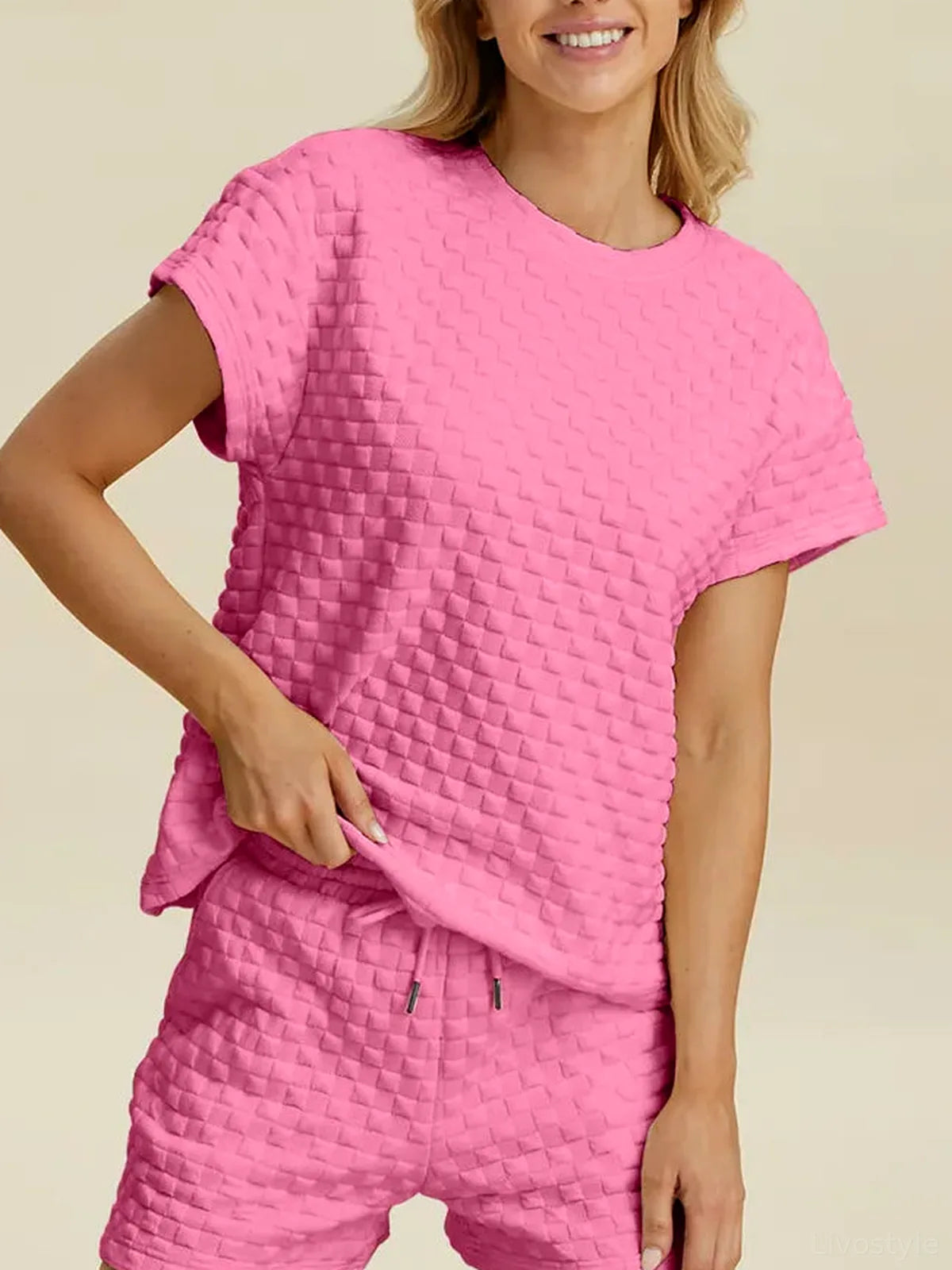 Textured Round Neck T-Shirt and Drawstring Shorts Set