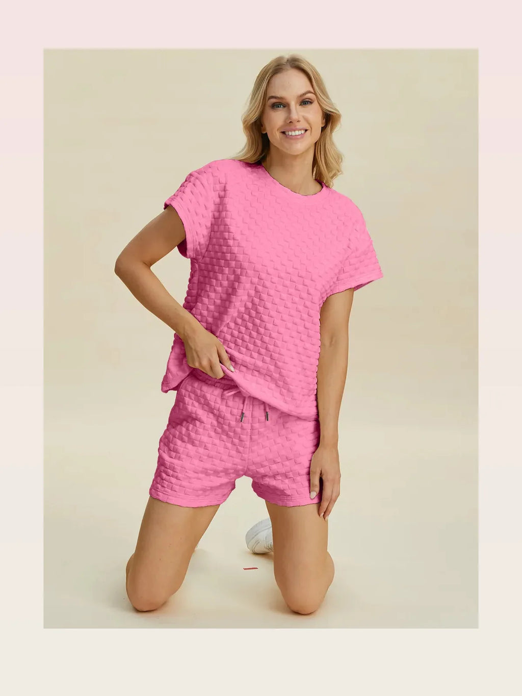 Textured Round Neck T-Shirt and Drawstring Shorts Set
