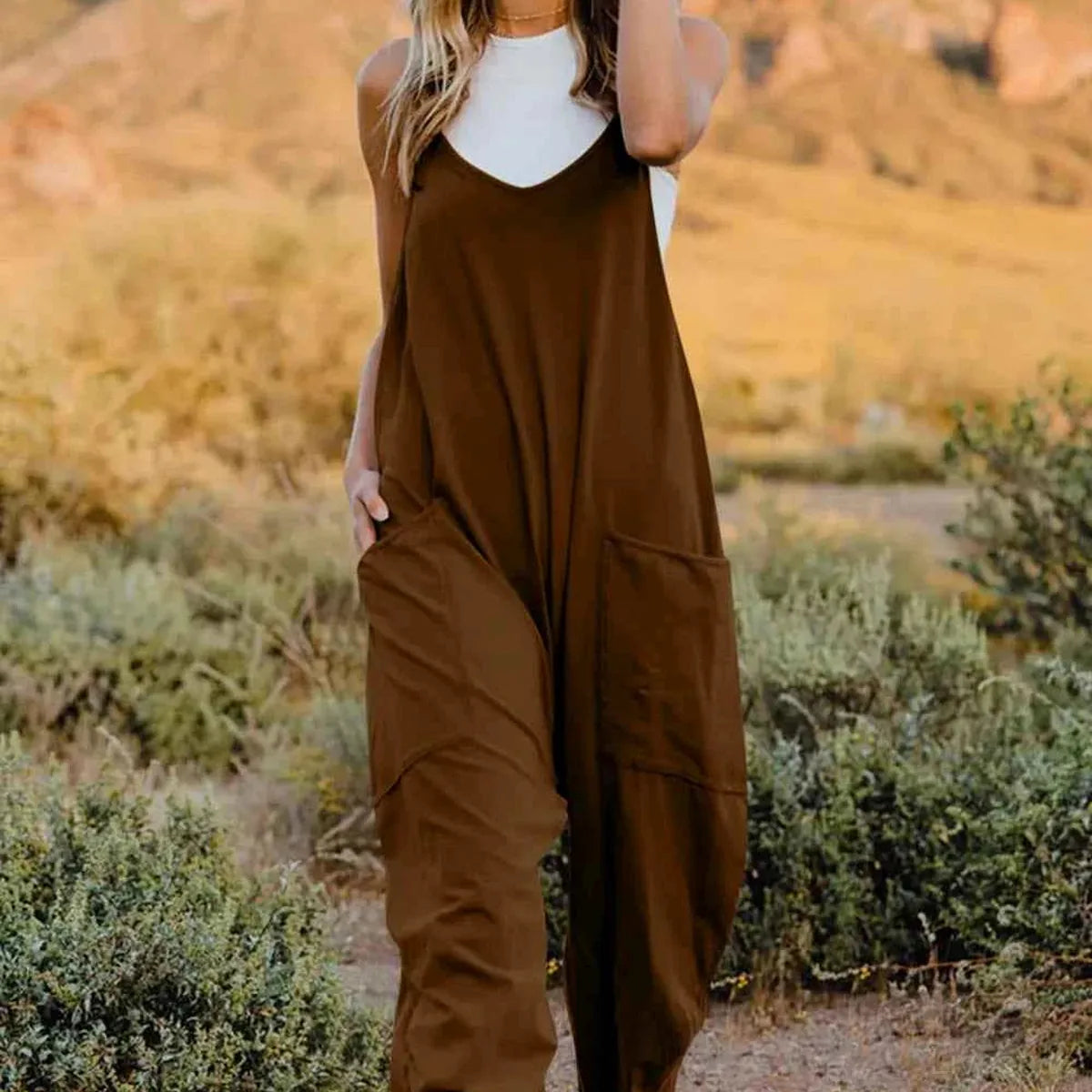 V-Neck Sleeveless Stretch Jumpsuit with Side Pockets