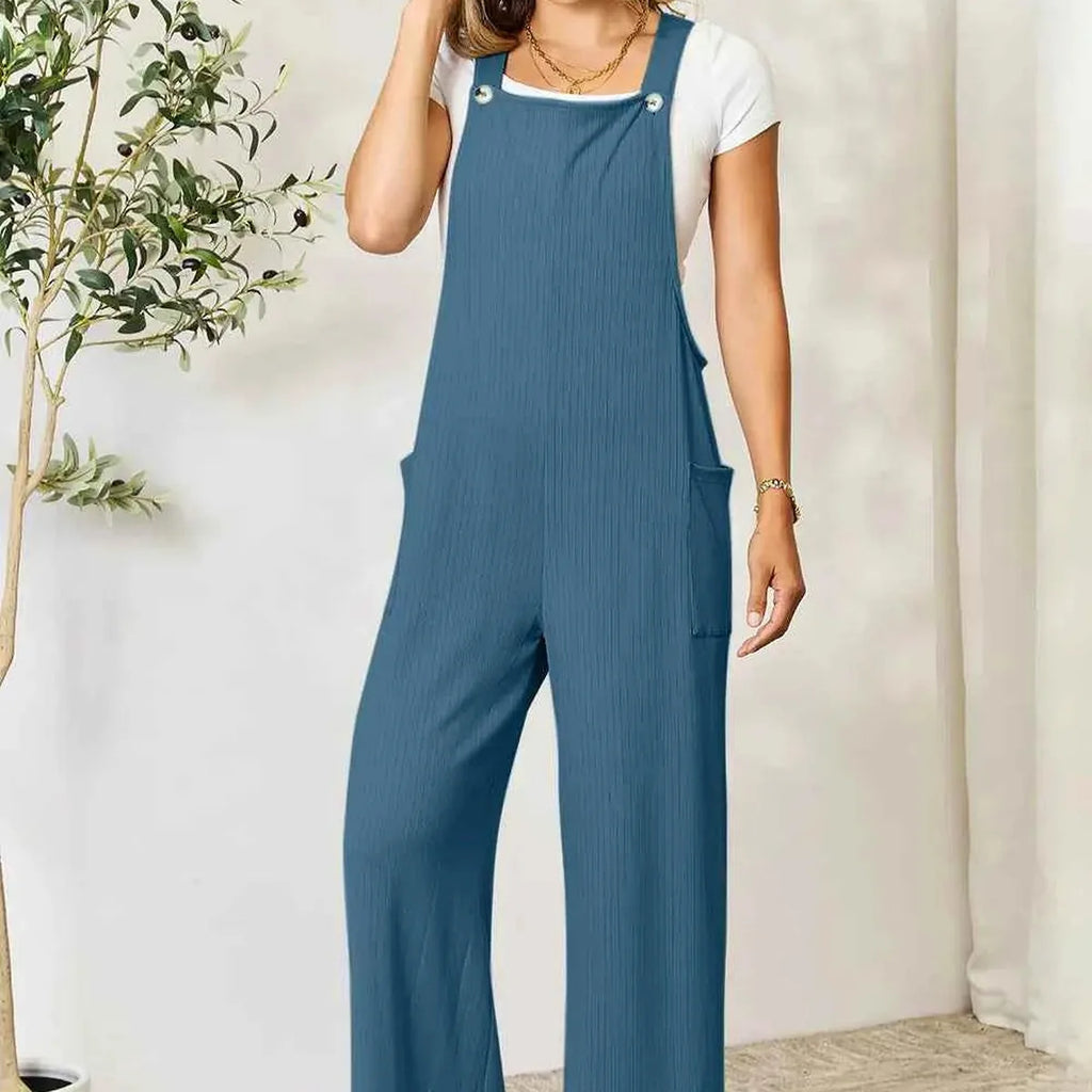 Full-Length Wide Strap Overalls with Pockets