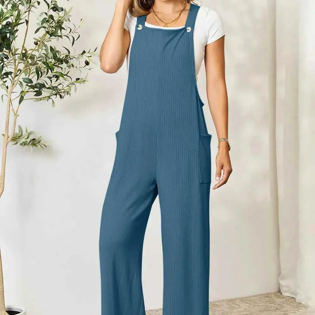 Full-Length Wide Strap Overalls with Pockets