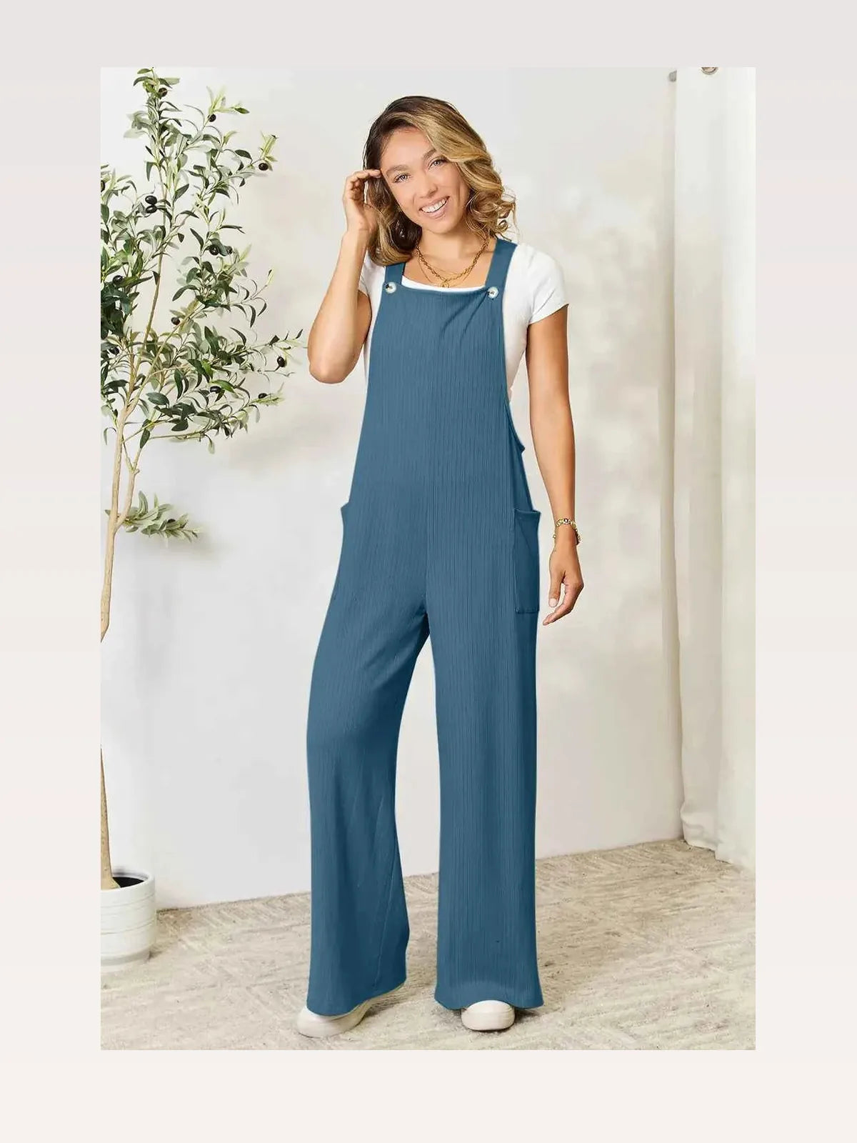 Full-Length Wide Strap Overalls with Pockets