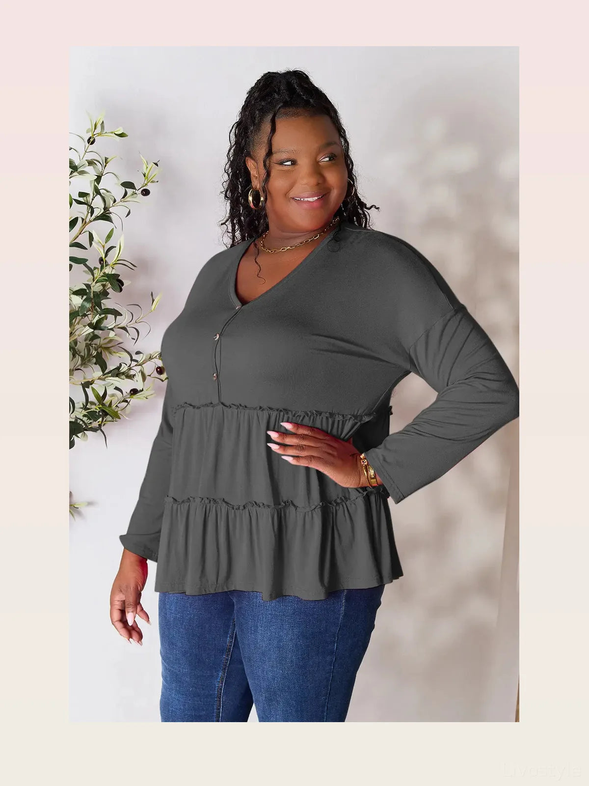 Half-Button Long Sleeve Ruffle Hem Blouse – Plus Size
