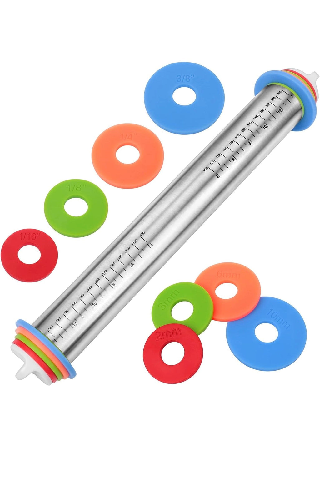 Adjustable Stainless Steel Rolling Pin 17 in with 4 Thickness Discs, Engraved Scale