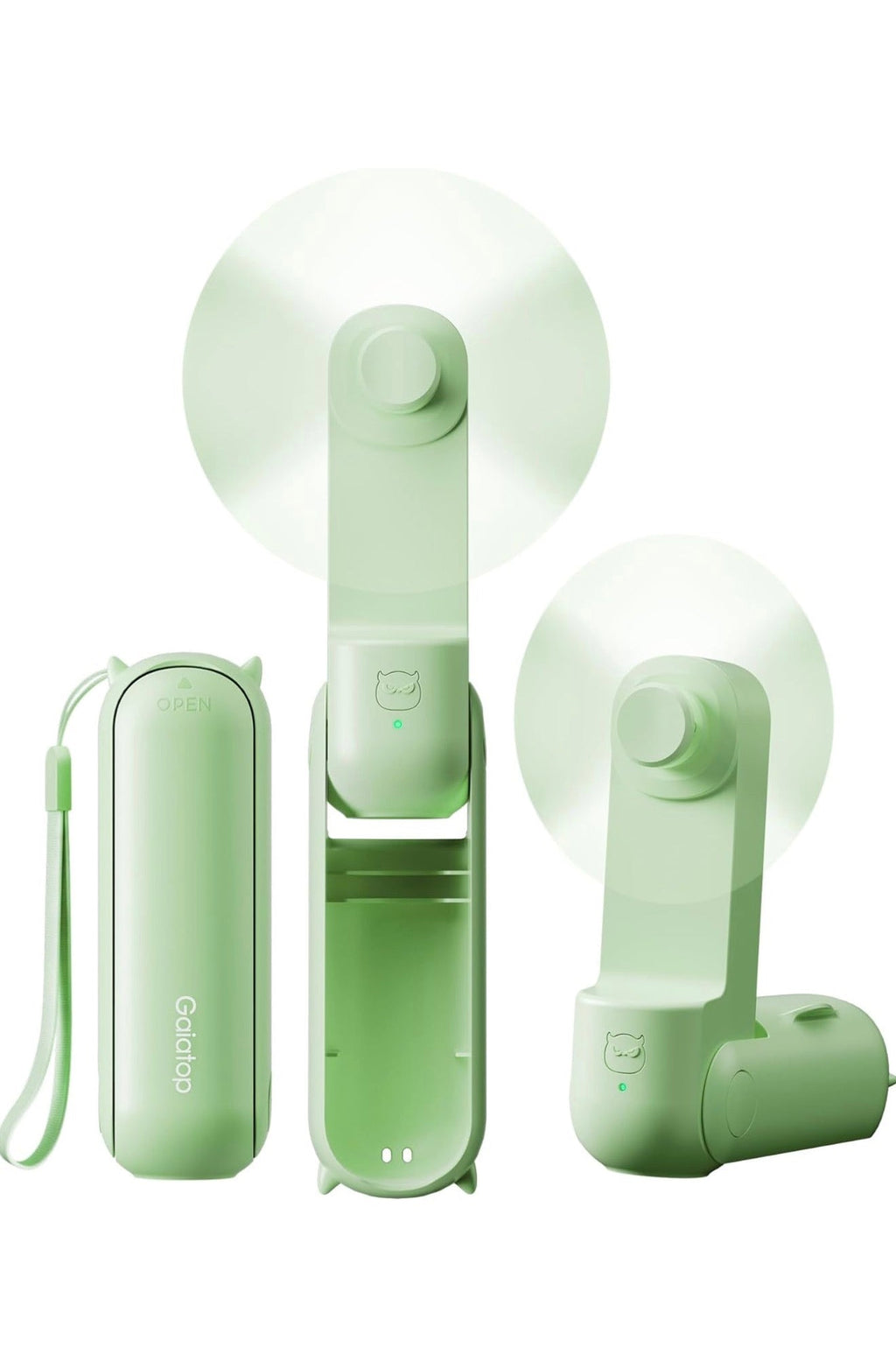 Mini Portable Folding Fan, Green, 1800 mAh Rechargeable, Lanyard, Pocket Size