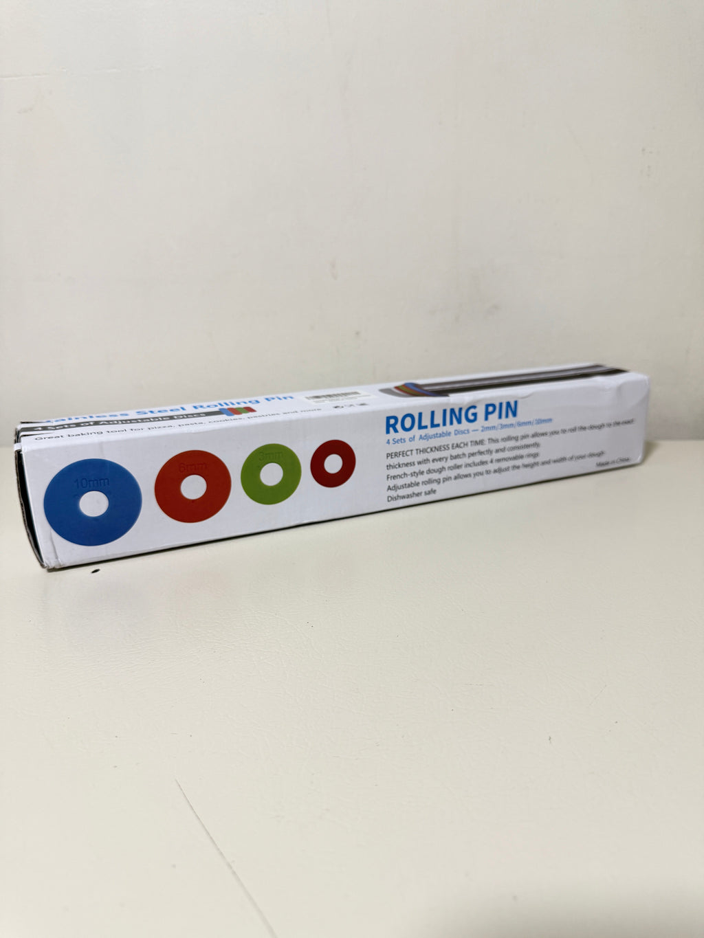 Adjustable Stainless Steel Rolling Pin 17 in with 4 Thickness Discs, Engraved Scale
