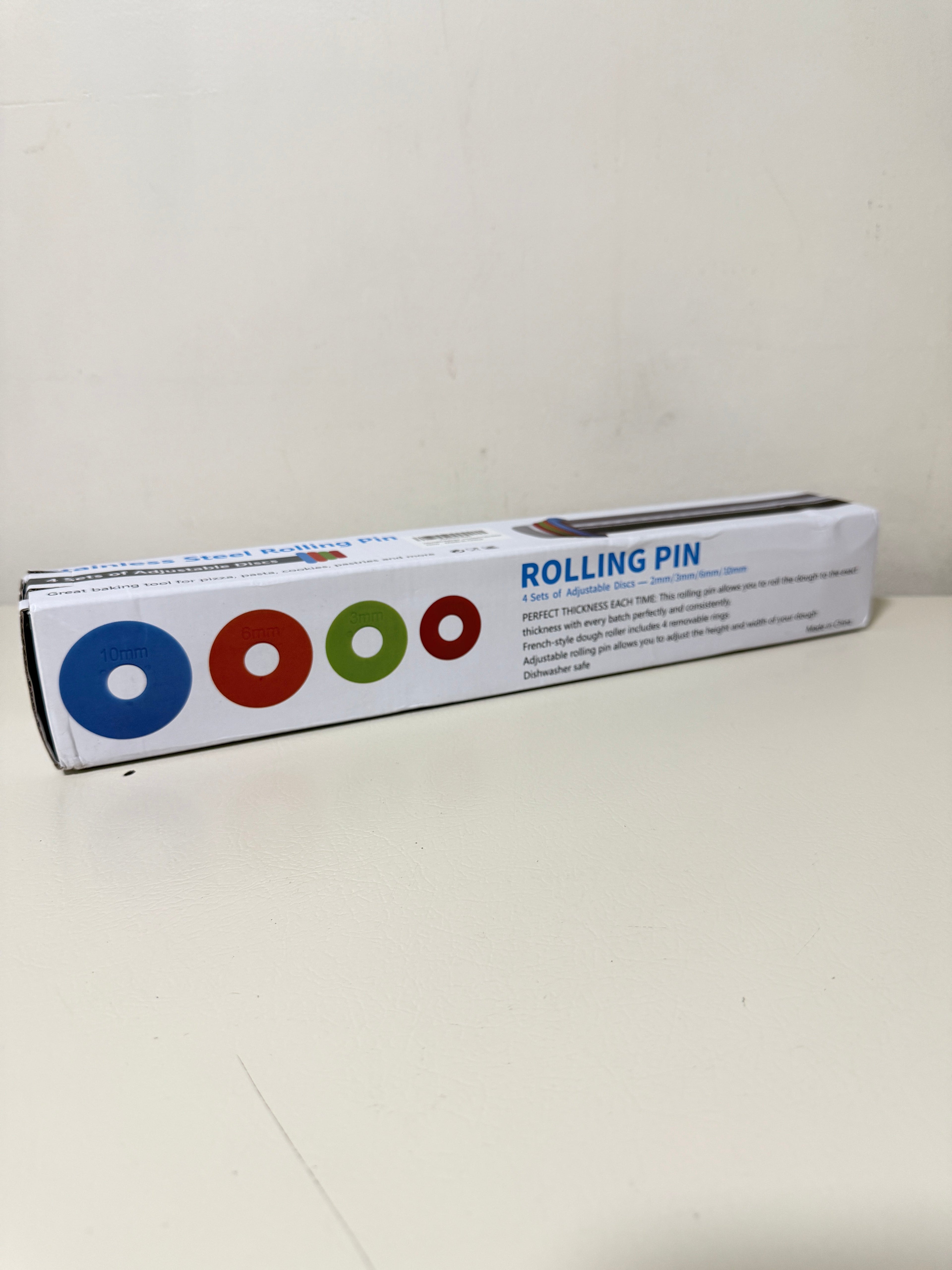 Adjustable Stainless Steel Rolling Pin 17 in with 4 Thickness Discs, Engraved Scale