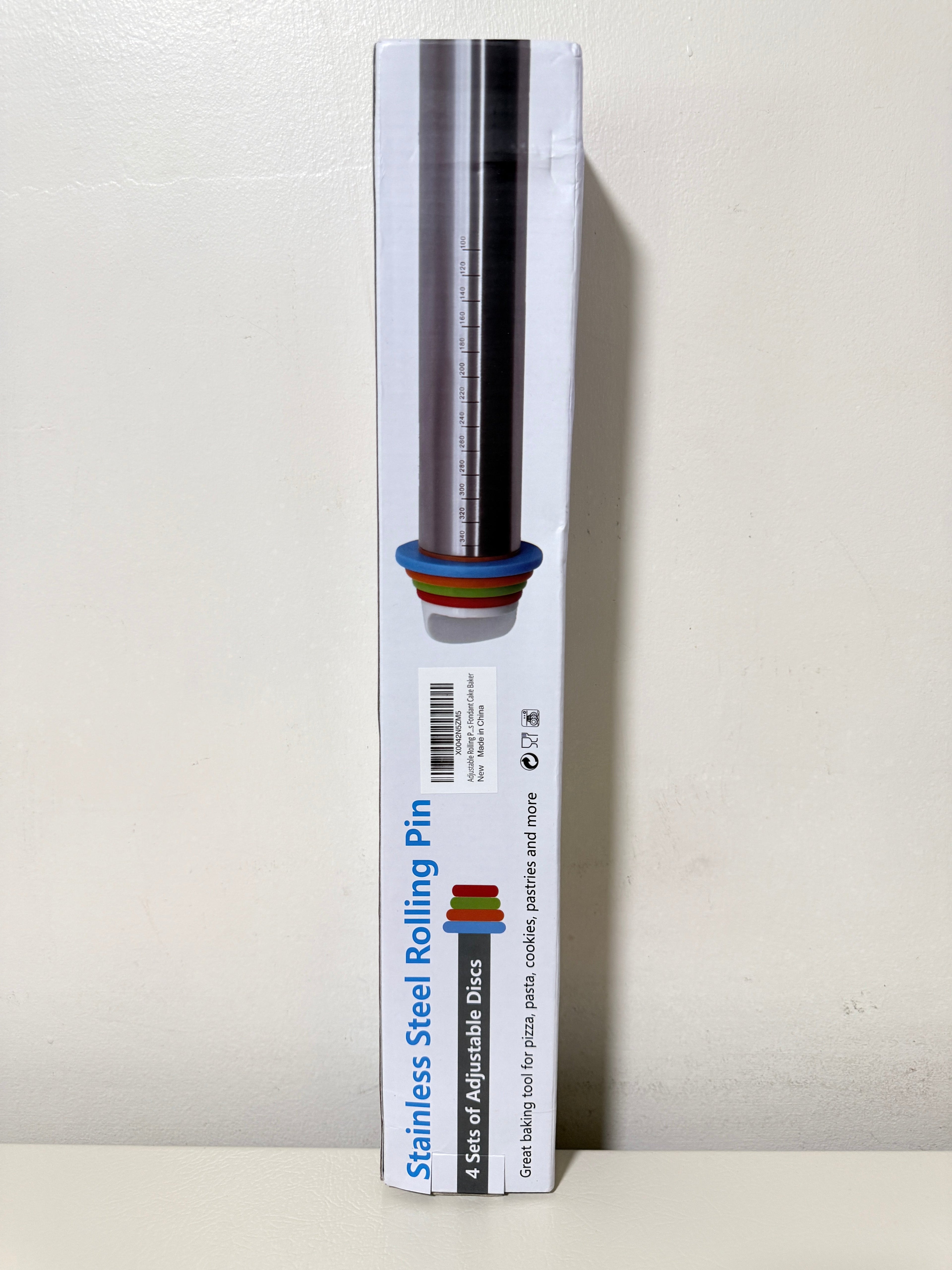 Adjustable Stainless Steel Rolling Pin 17 in with 4 Thickness Discs, Engraved Scale