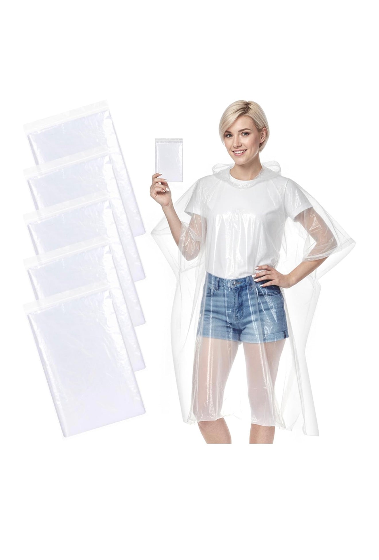 Disposable Rain Ponchos, Clear, 5 Pack, Hooded, One Size Fits Most