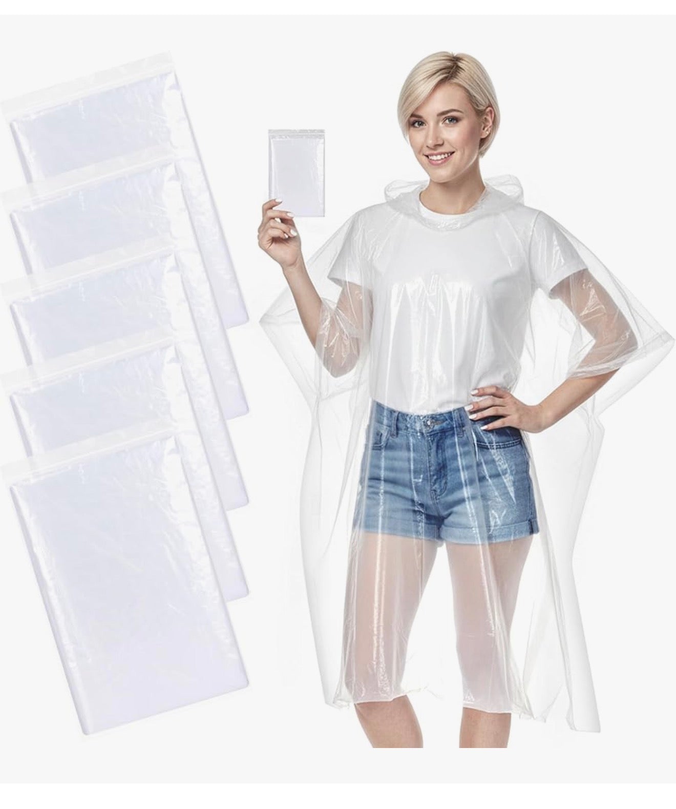 Disposable Rain Ponchos, Clear, 5 Pack, Hooded, One Size Fits Most