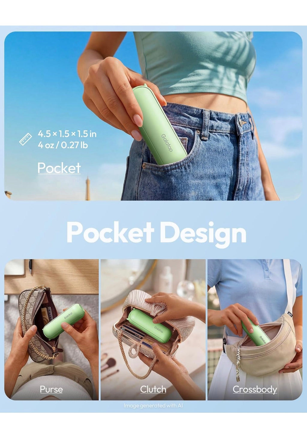 Mini Portable Folding Fan, Green, 1800 mAh Rechargeable, Lanyard, Pocket Size