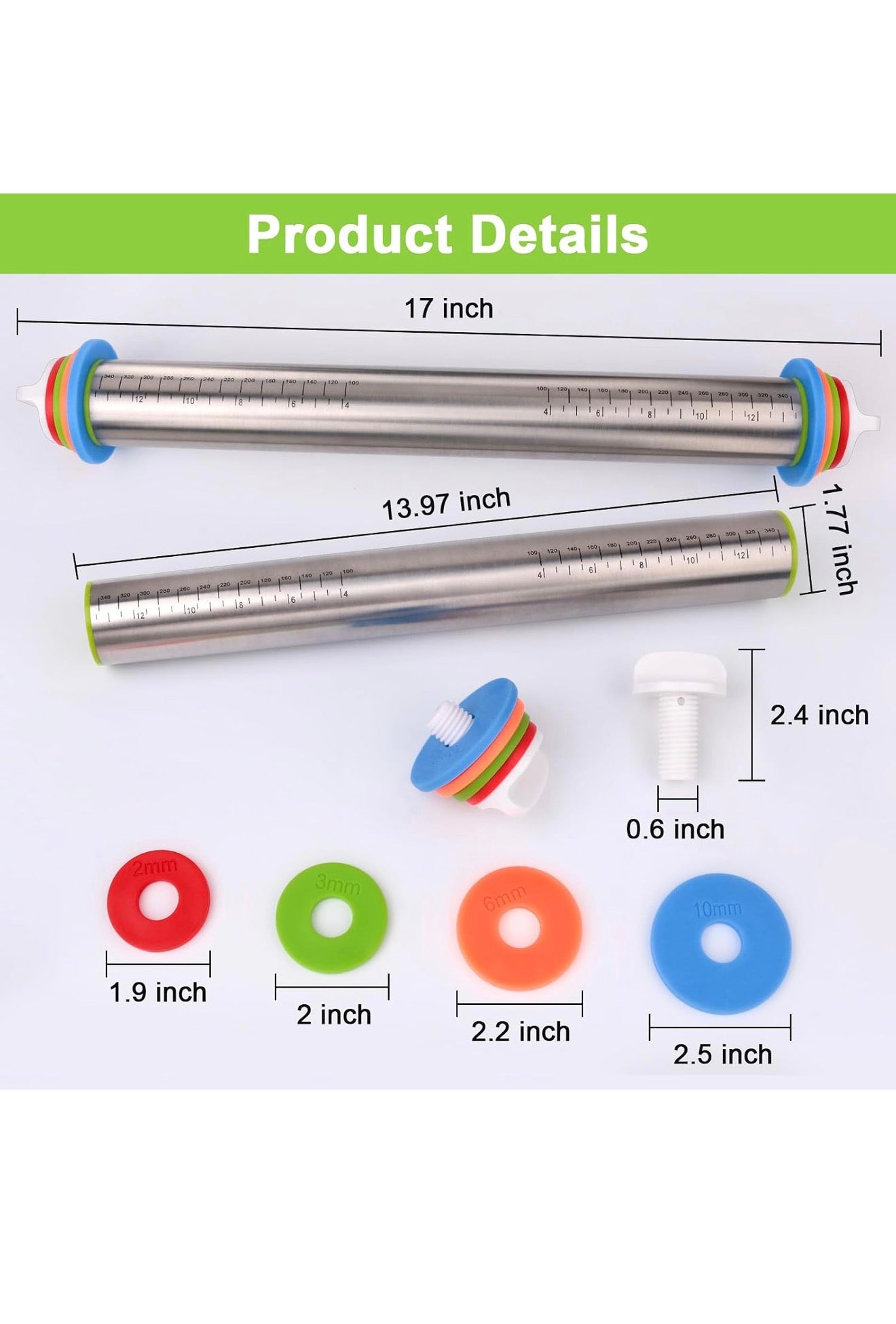 Adjustable Stainless Steel Rolling Pin 17 in with 4 Thickness Discs, Engraved Scale