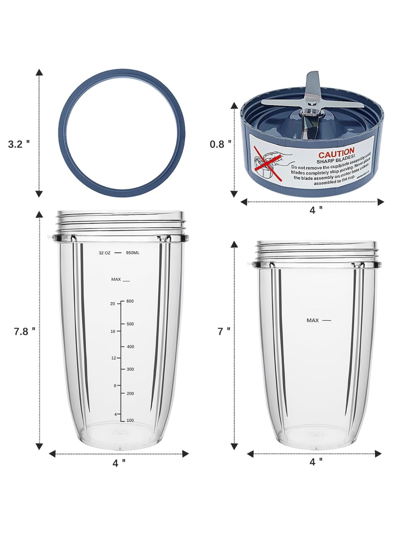 Blender Replacement Parts 3 pc, 32 oz and 24 oz Cups with Extractor Blade, Fits 600W and 900W