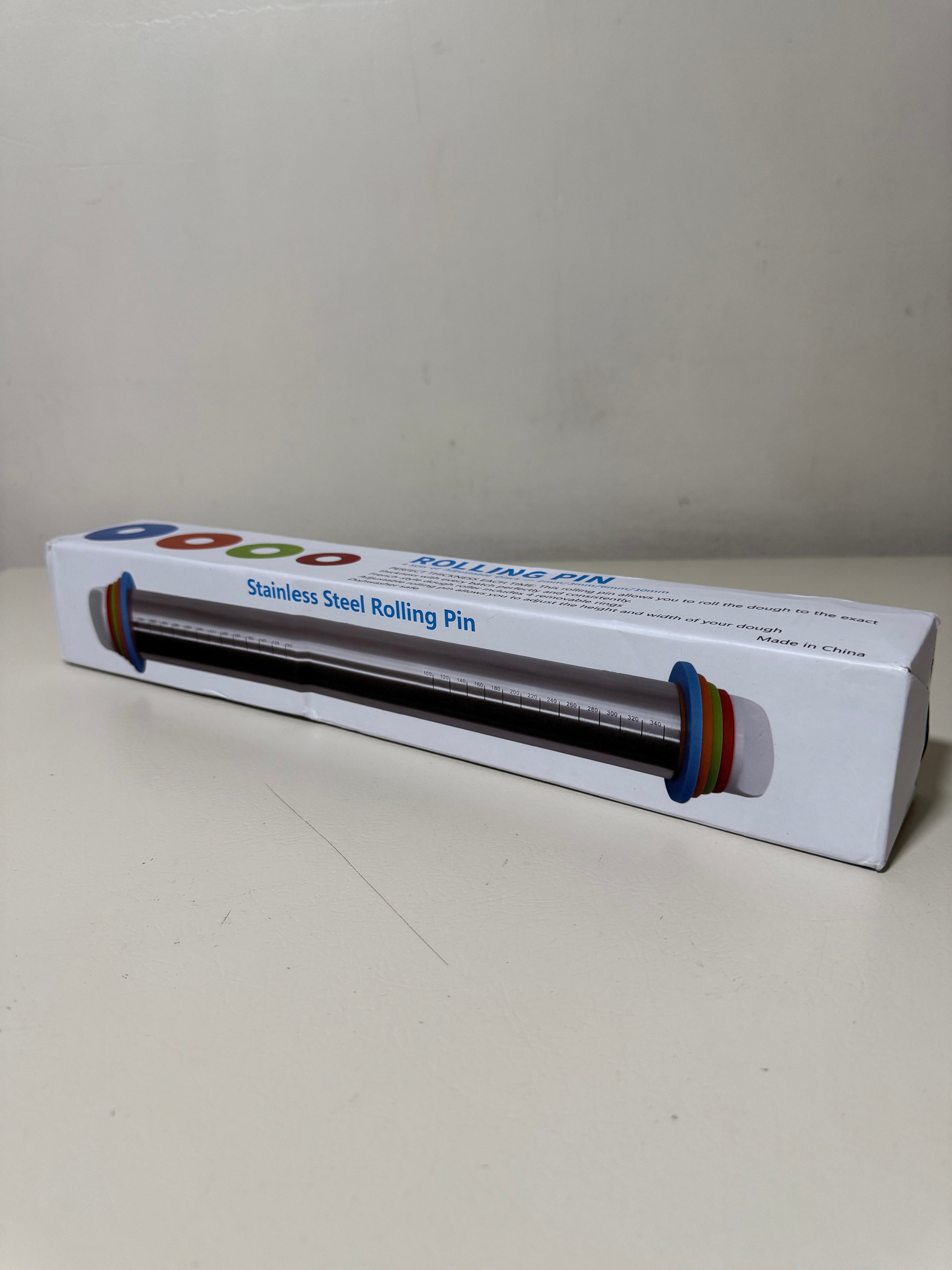 Adjustable Stainless Steel Rolling Pin 17 in with 4 Thickness Discs, Engraved Scale