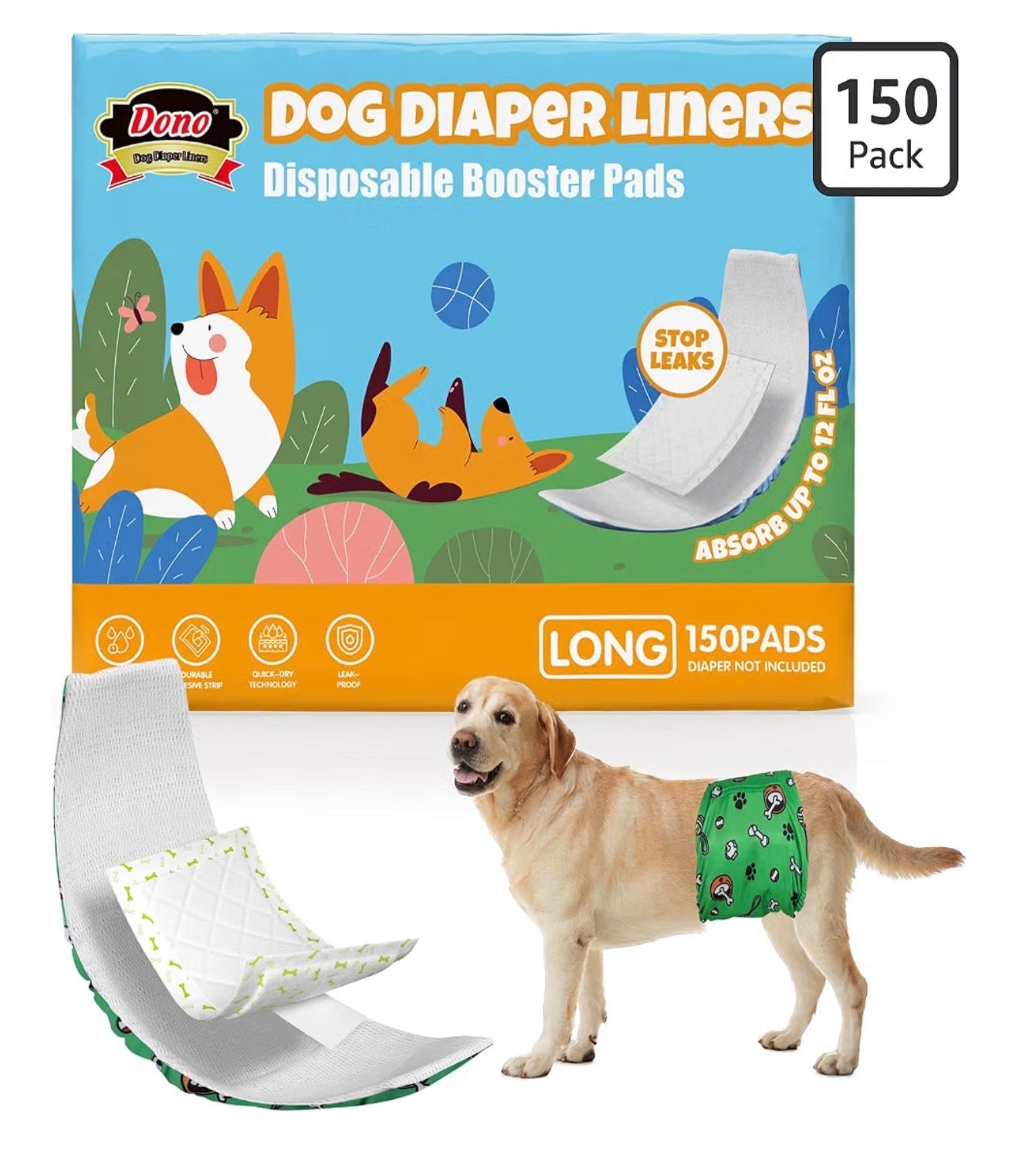 Dog Diaper Liners Long 150 ct, Disposable Booster Pads for Male and Female Dogs