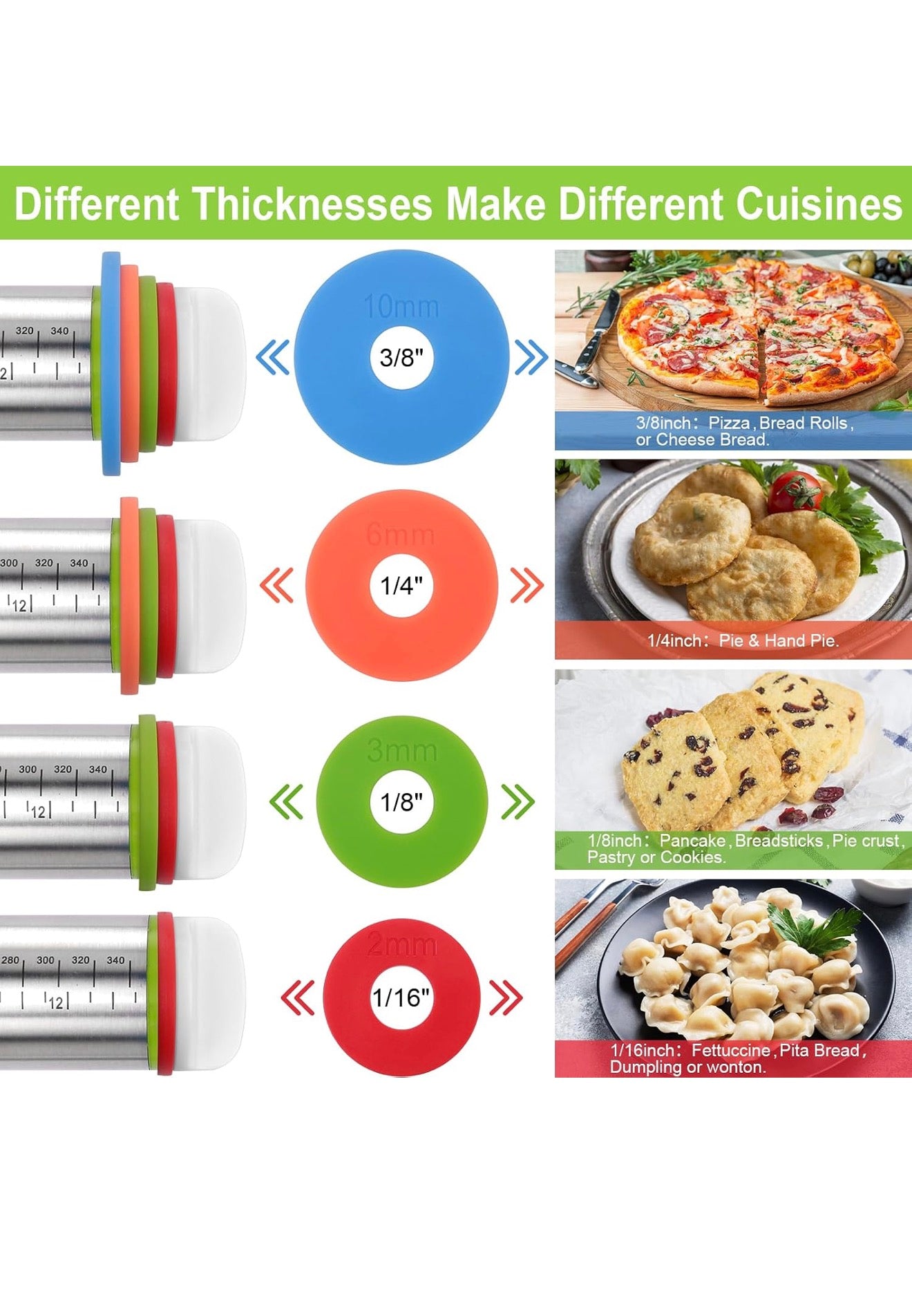 Adjustable Stainless Steel Rolling Pin 17 in with 4 Thickness Discs, Engraved Scale
