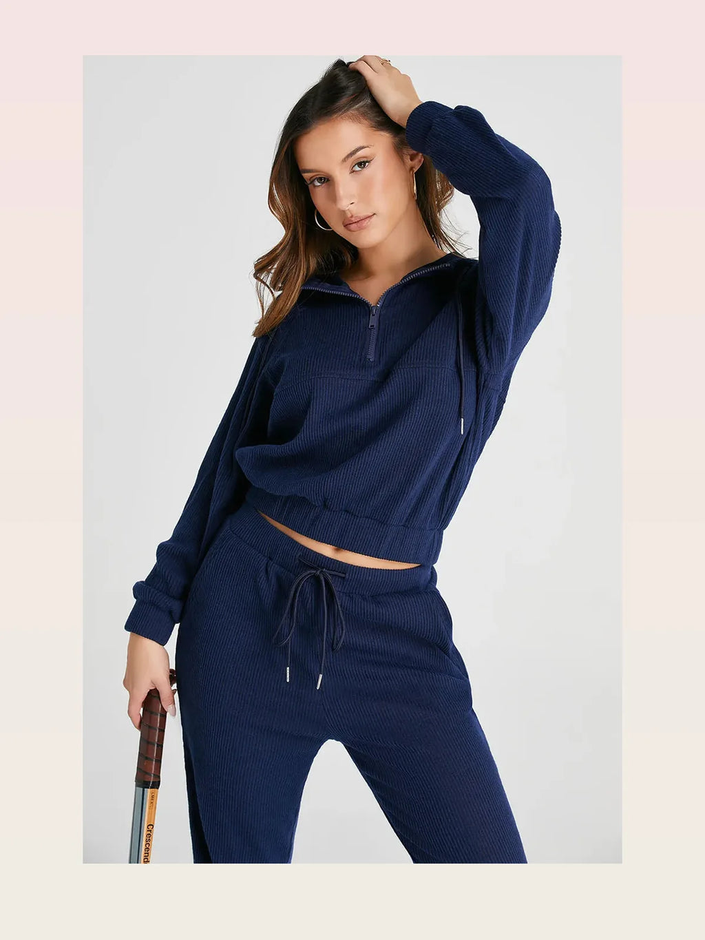 Navy Drawstring Half Zip Hoodie and Joggers Active Set