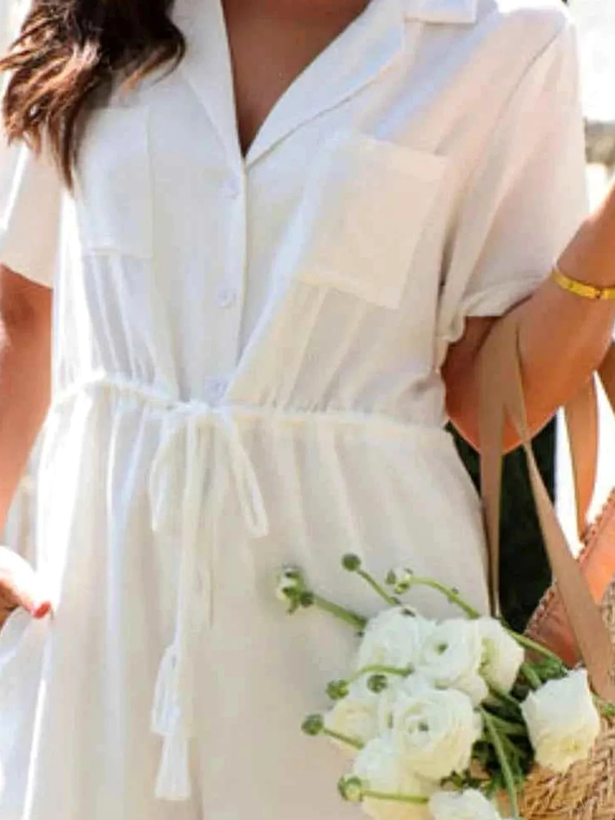 Drawstring Waist Collared Short Sleeve Cotton Romper