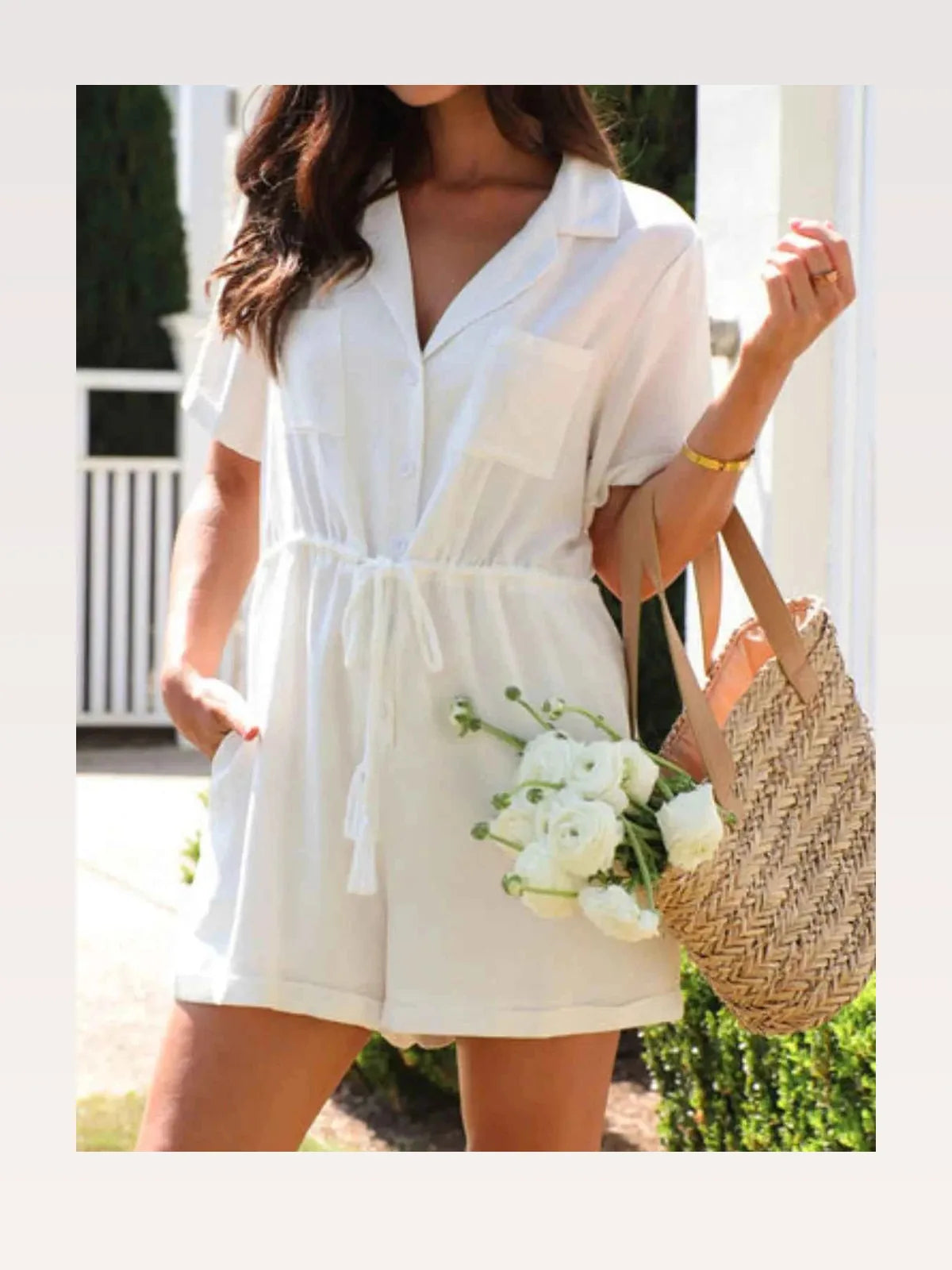 Drawstring Waist Collared Short Sleeve Cotton Romper