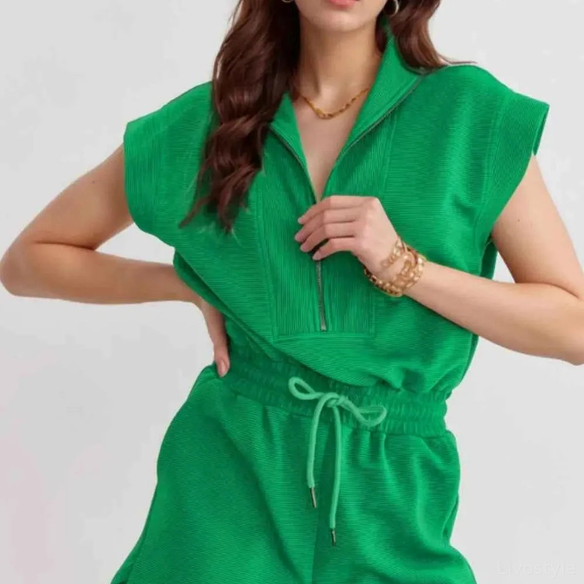 Drawstring Waist Half-Zip Sleeveless Romper