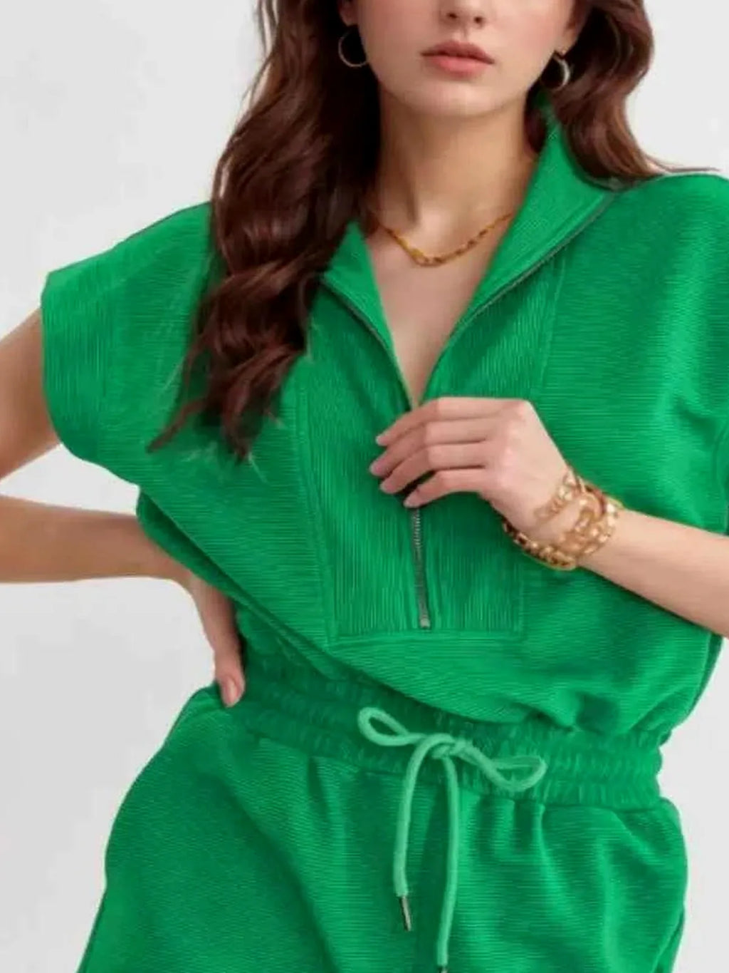 Drawstring Waist Half-Zip Sleeveless Romper