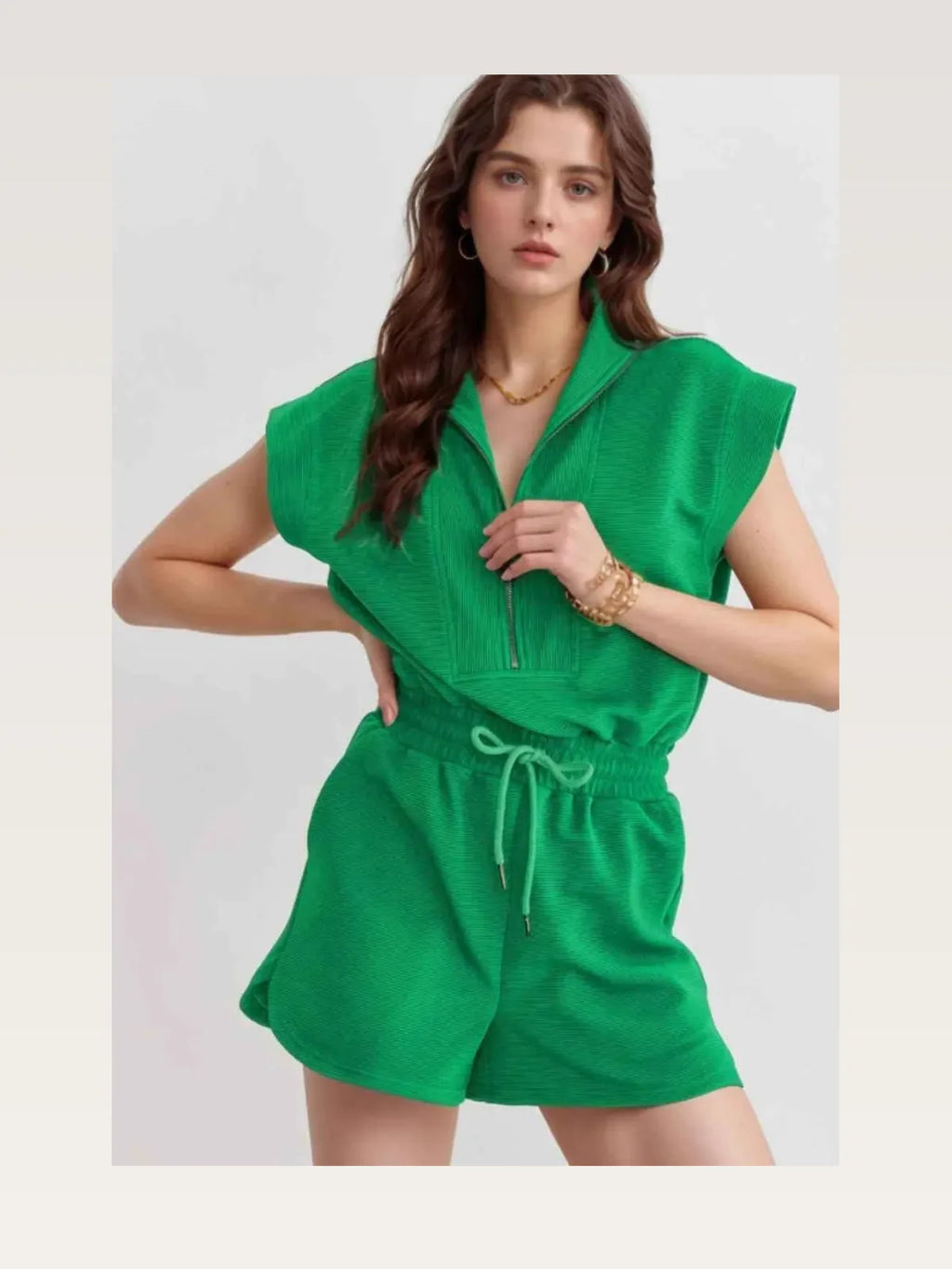 Drawstring Waist Half-Zip Sleeveless Romper